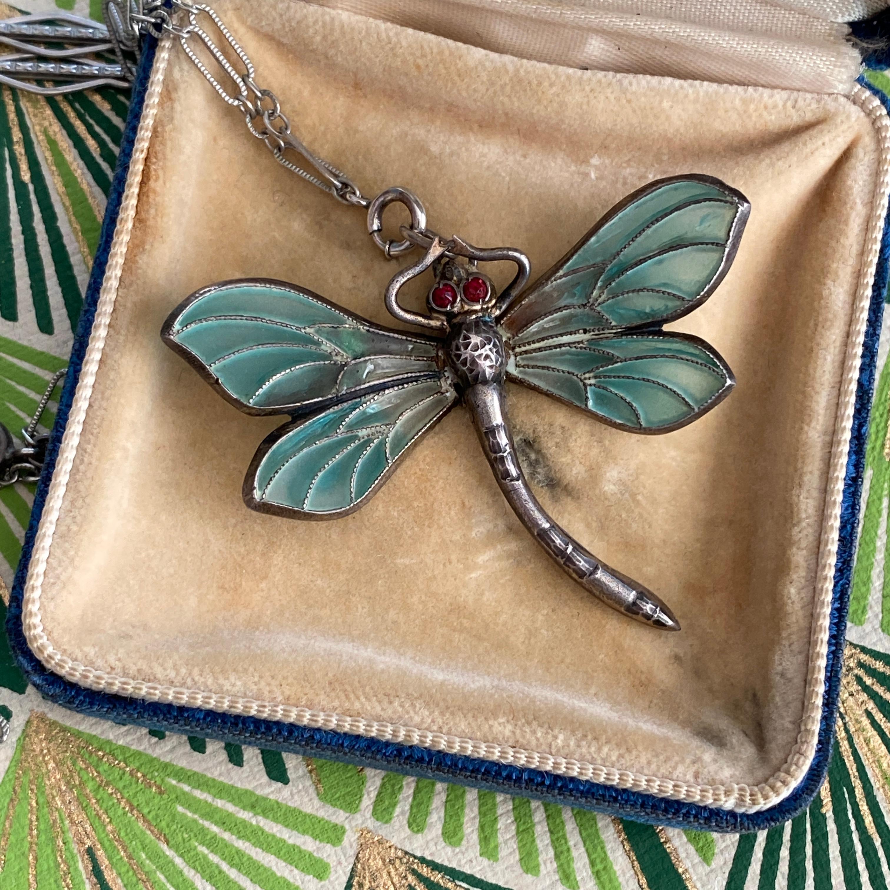 Art Nouveau Plique-a-Jour Dragonfly Silver Pendant Necklace For Sale 4