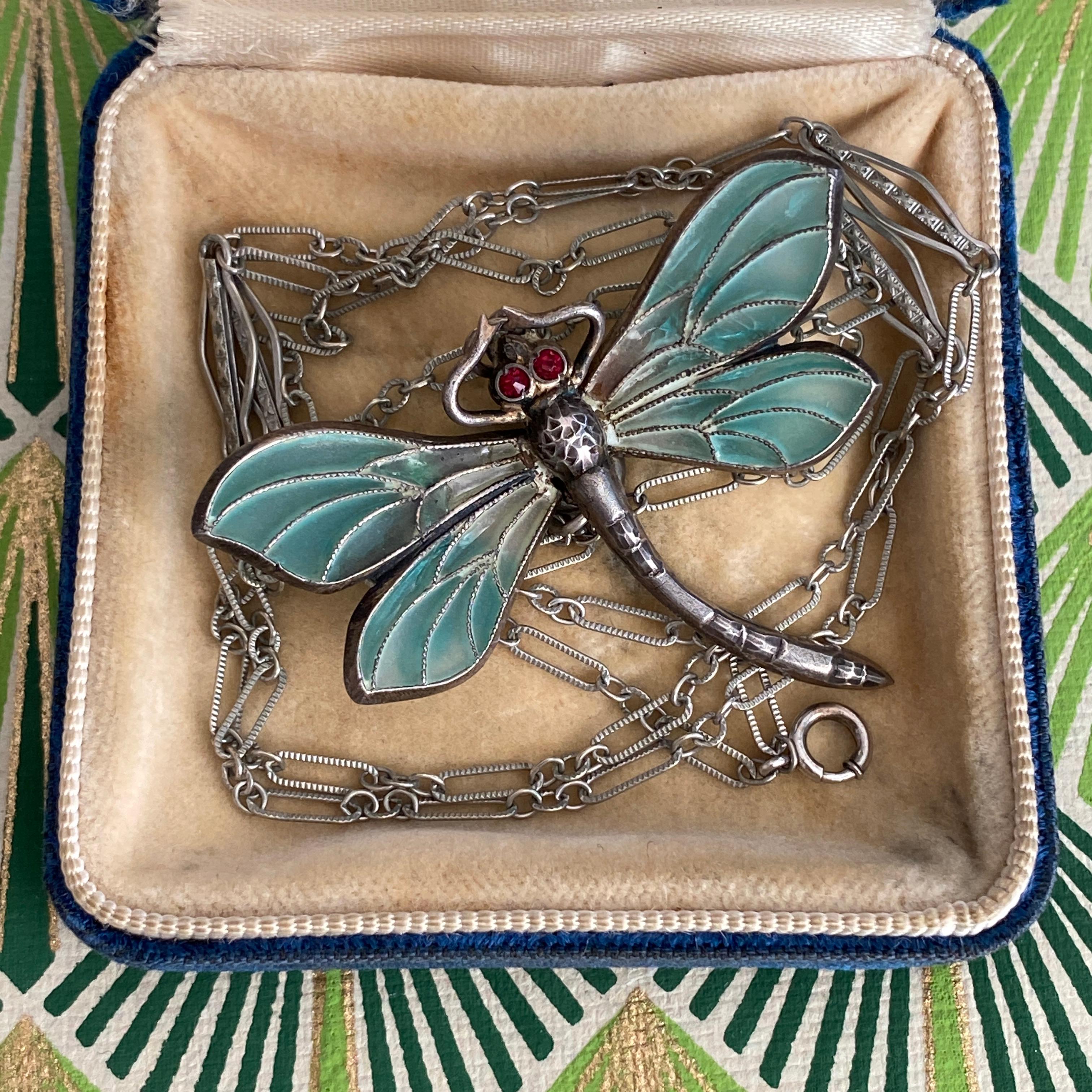 Art Nouveau Plique-a-Jour Dragonfly Silver Pendant Necklace For Sale 7