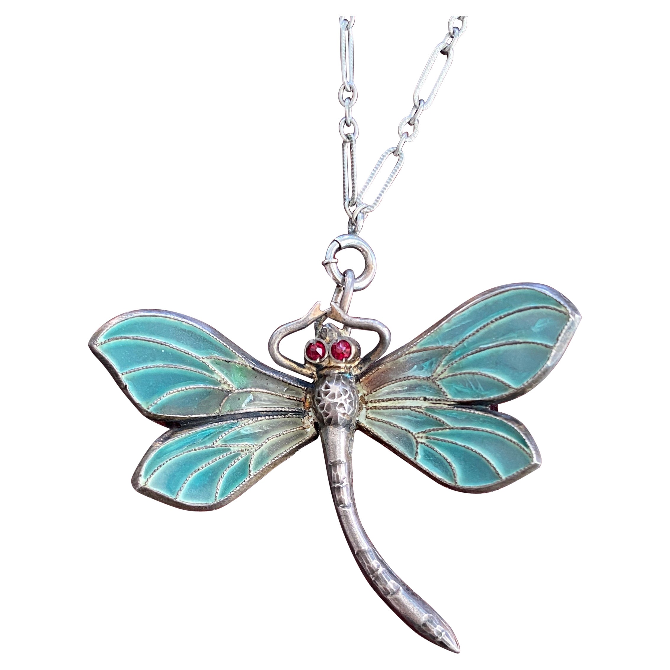 Art Nouveau Plique-a-Jour Collar Colgante Libélula de Plata en venta