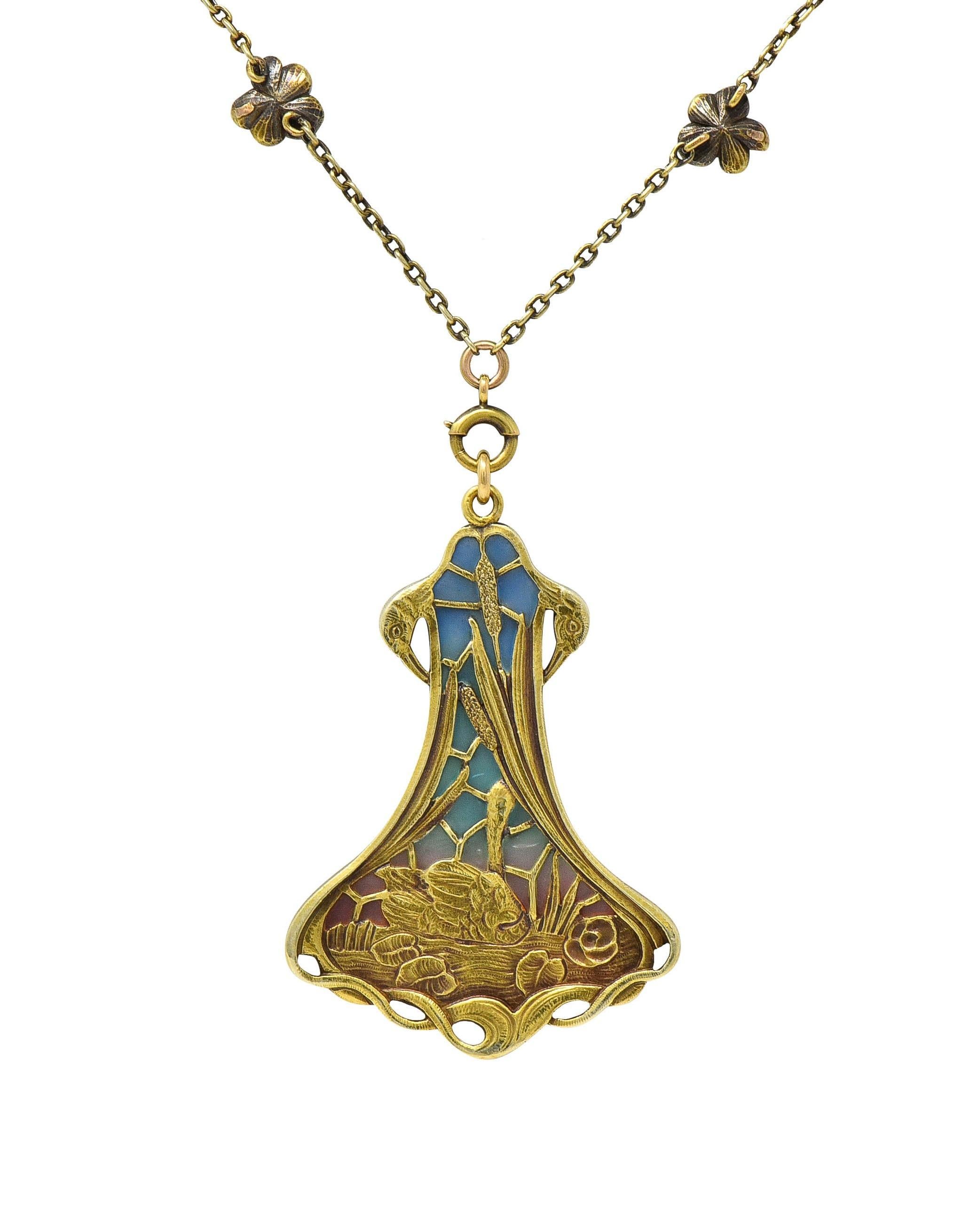 Art Nouveau Plique-A-Jour Enamel 14 Karat Gold Antique Swan Pendant Necklace For Sale 10