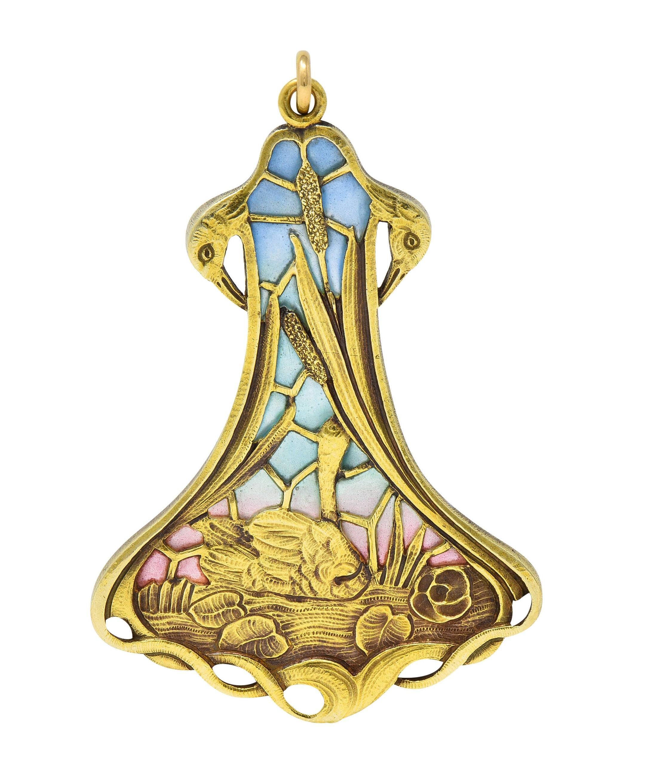 Rose Cut Art Nouveau Plique-A-Jour Enamel 14 Karat Gold Antique Swan Pendant Necklace For Sale