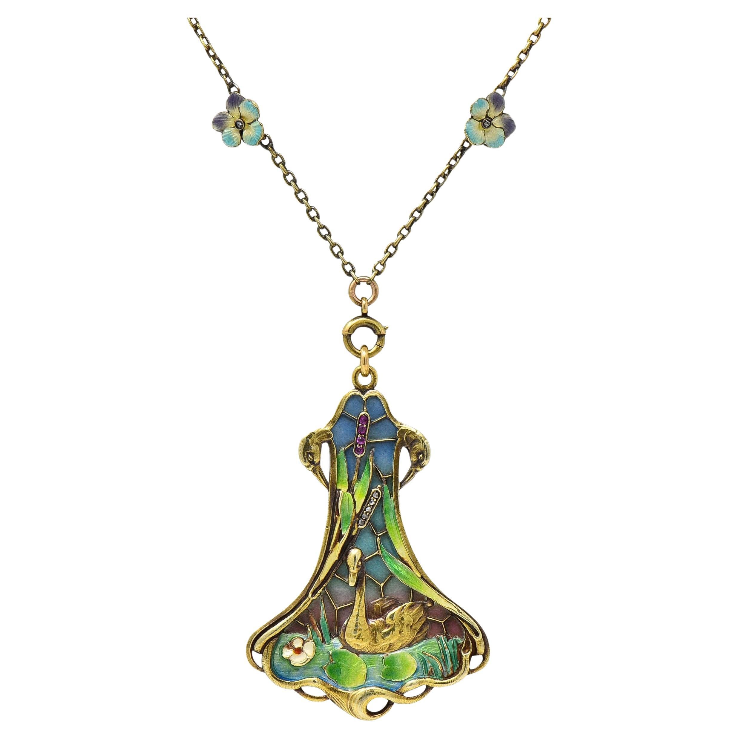 Art Nouveau Plique-A-Jour Esmalte Oro 14 Kilates Collar Colgante Cisne Antiguo