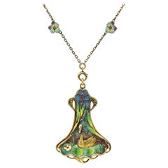 Antique Swan pendentif en émail 14 carats Art Nouveau Plique-A-Jour