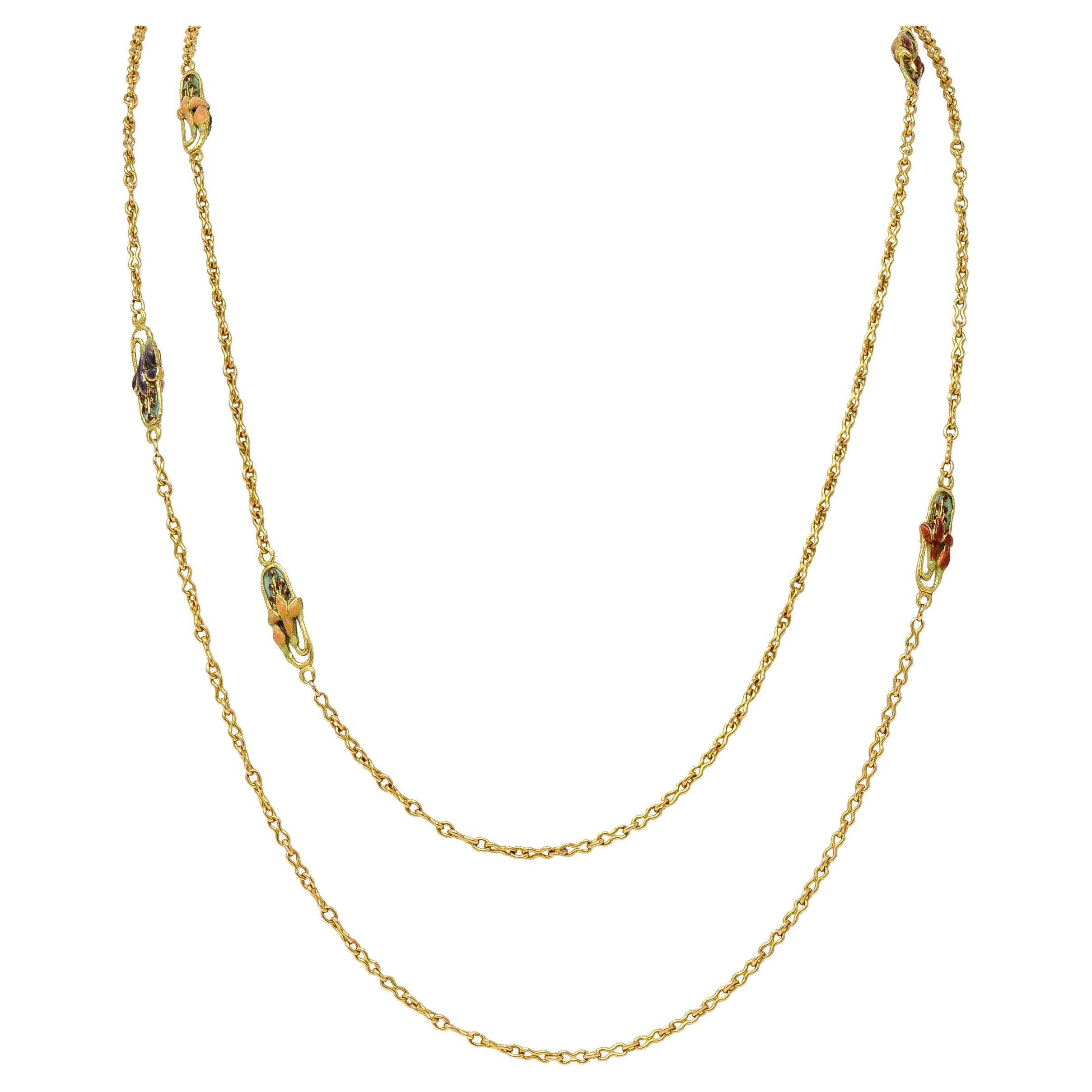 Art Nouveau Plique-a-jour Enamel 18 Karat Yellow Gold Floral Chain Necklace