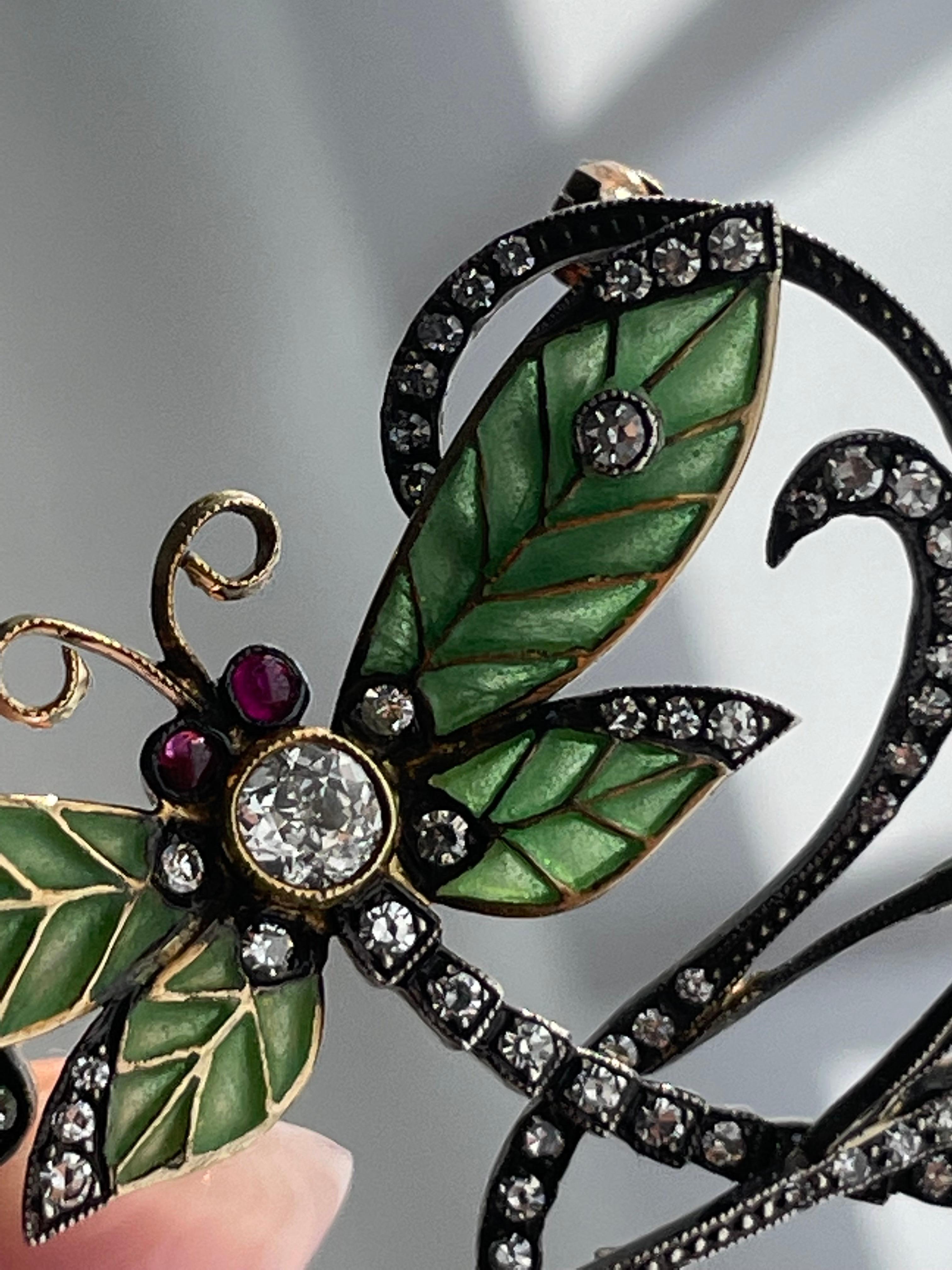Old European Cut Art Nouveau Plique a Jour Enamel and Diamond Dragonfly Brooch