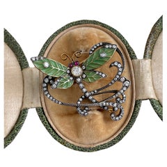 Art Nouveau Plique a Jour Enamel and Diamond Dragonfly Brooch