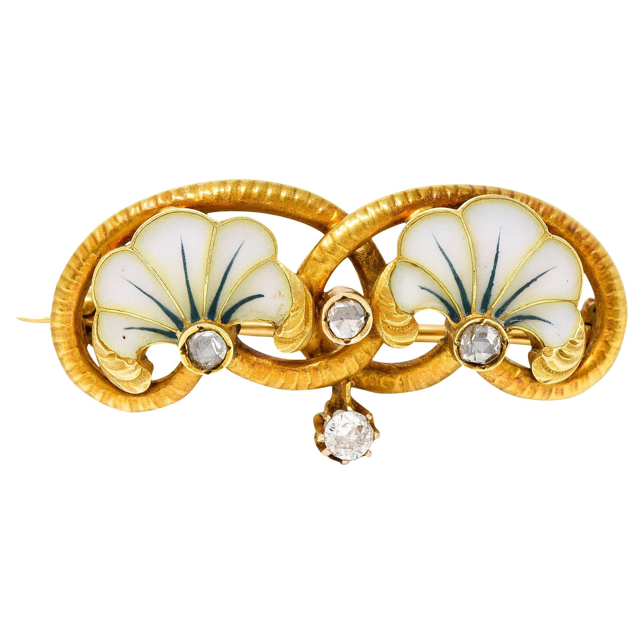 Art Nouveau Plique-A-Jour Enamel Diamond 18 Karat Gold Flower Love Knot Brooch