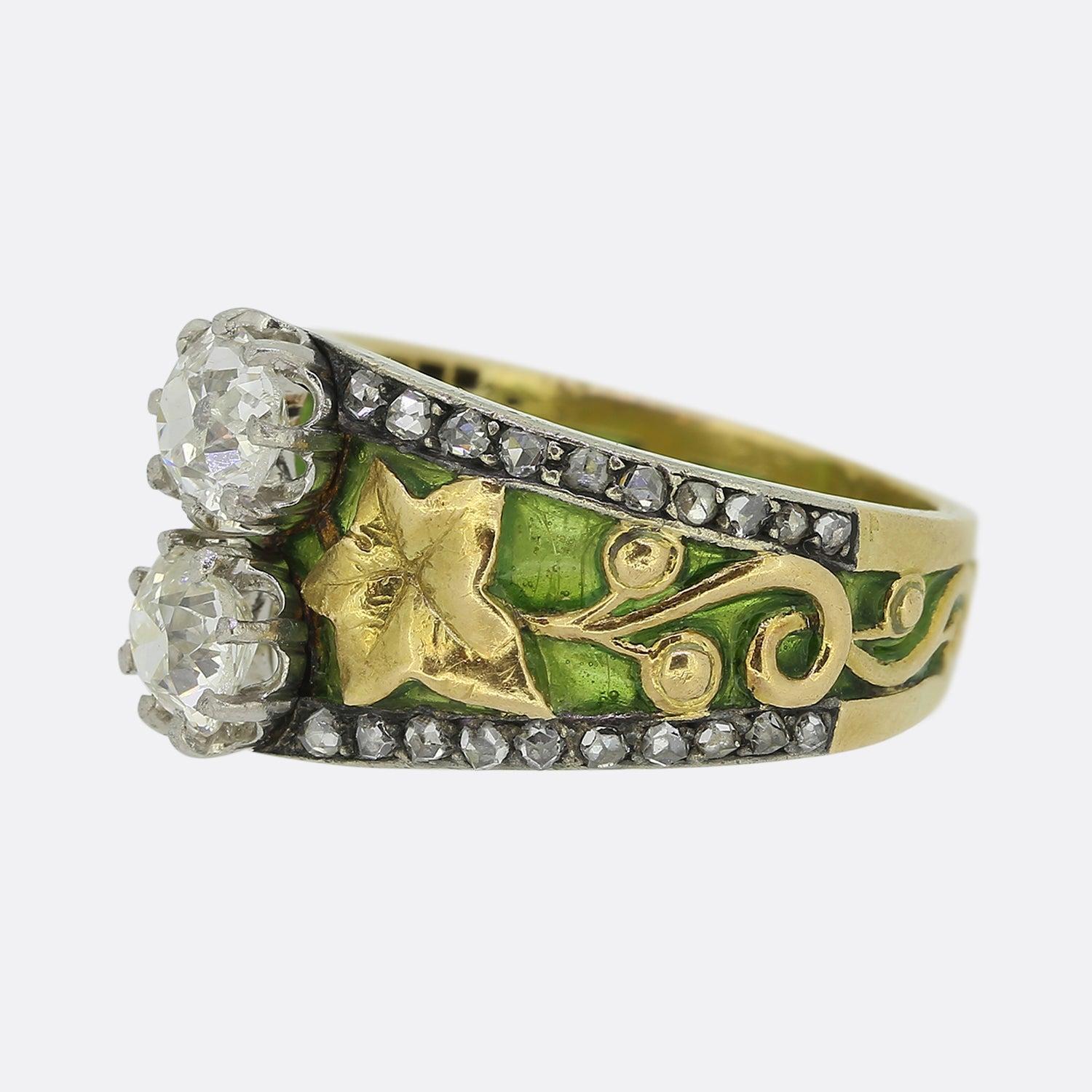 Here we have a truly stunning French ring that dates back to the early 20th century. The ring has been crafted in 18ct yellow gold, platinum and enamel. Using the vitreous enamelling technique known as plique-à-hour the maker has allowed light to