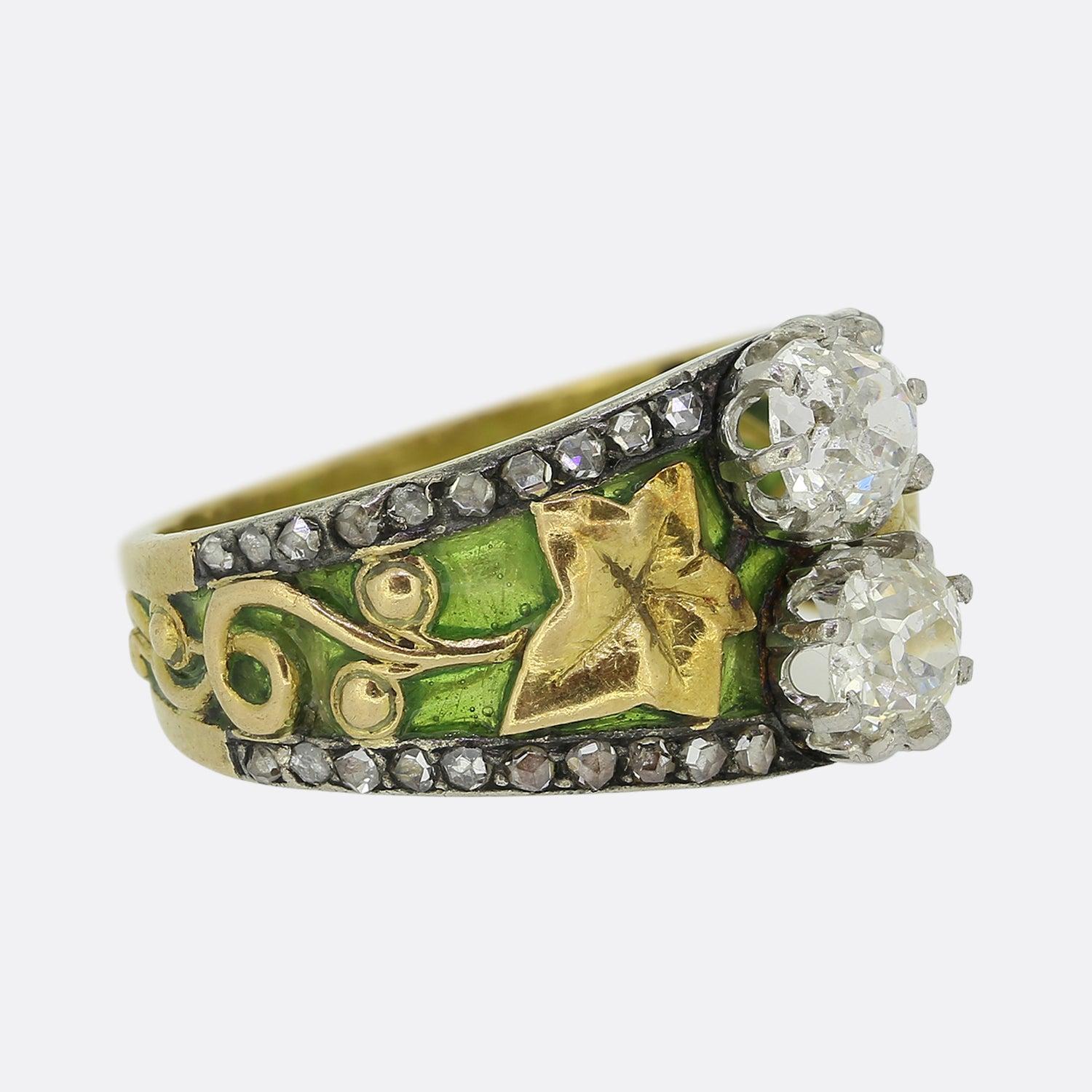 Old Mine Cut Art Nouveau Plique à Jour Enamel Diamond Ring Size M (52) For Sale