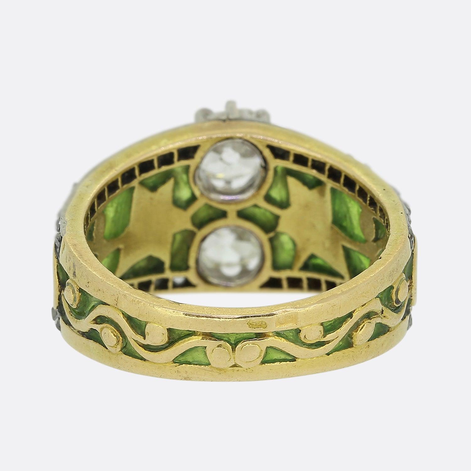 Art Nouveau Plique à Jour Emaille Diamant Ring Größe M (52) (Alteuropäischer Brillantschliff) im Angebot