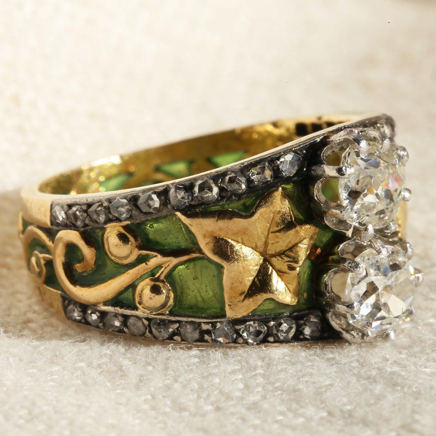 Women's Art Nouveau Plique à Jour Enamel Diamond Ring Size M (52) For Sale