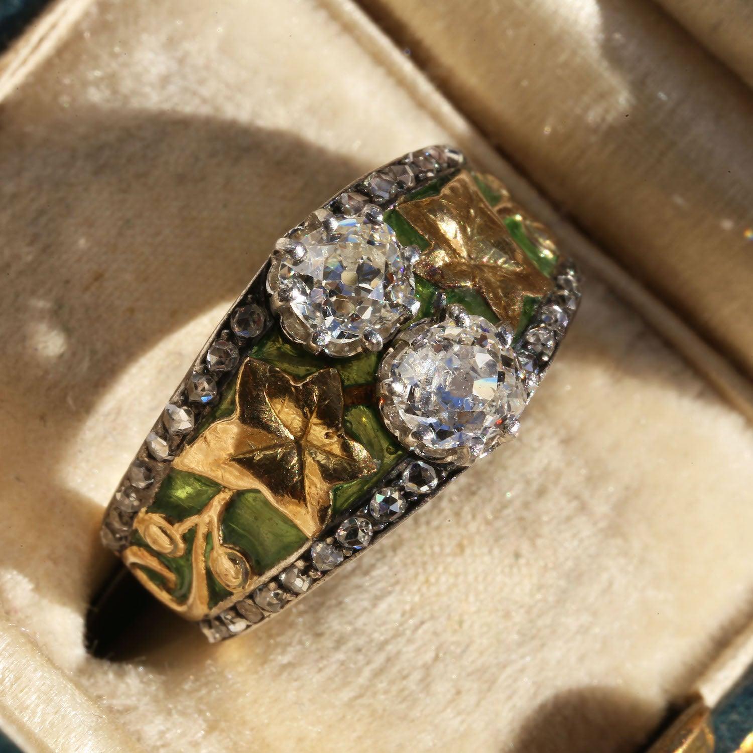 Art Nouveau Plique à Jour Emaille Diamant Ring Größe M (52) im Angebot 1