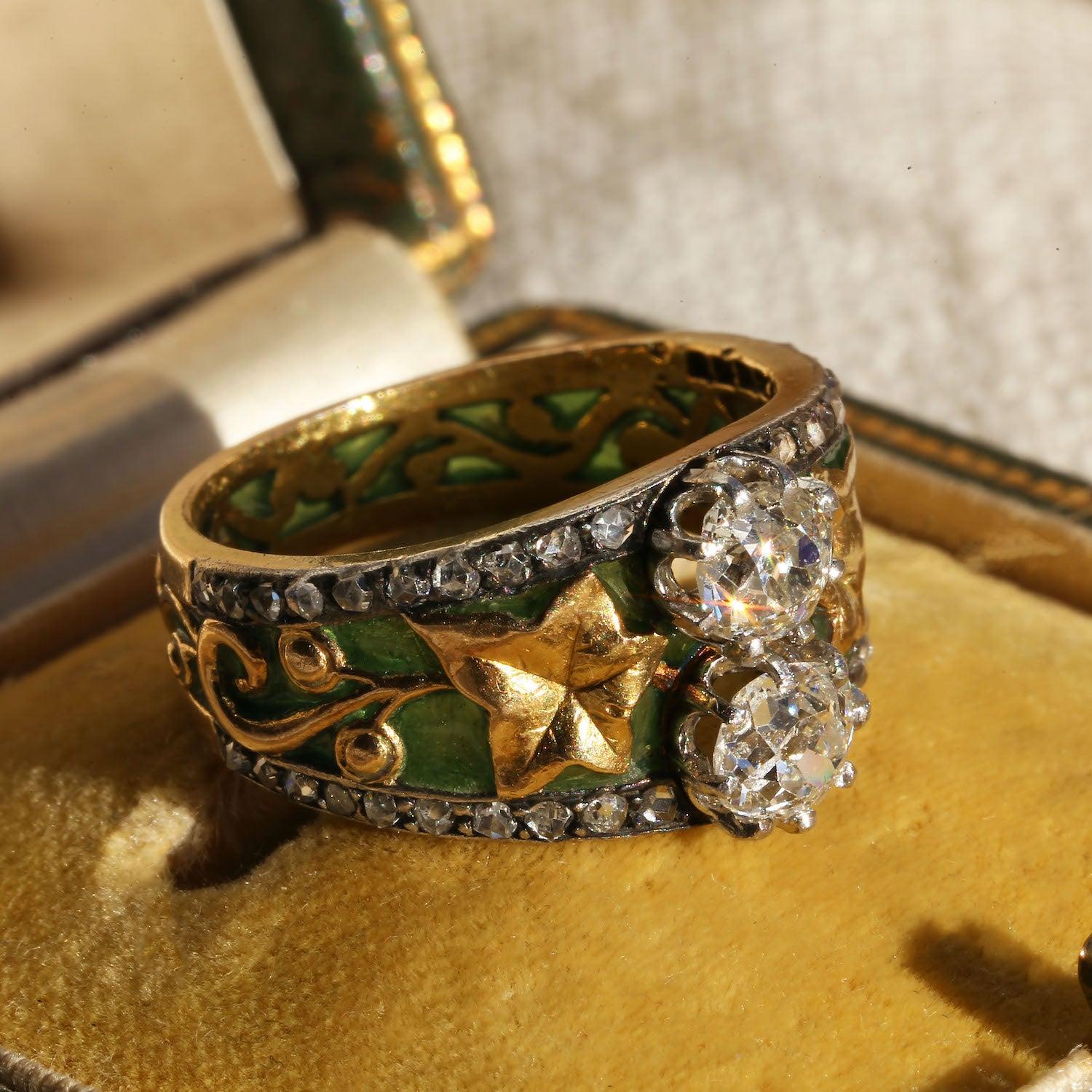 Art Nouveau Plique à Jour Emaille Diamant Ring Größe M (52) im Angebot 2