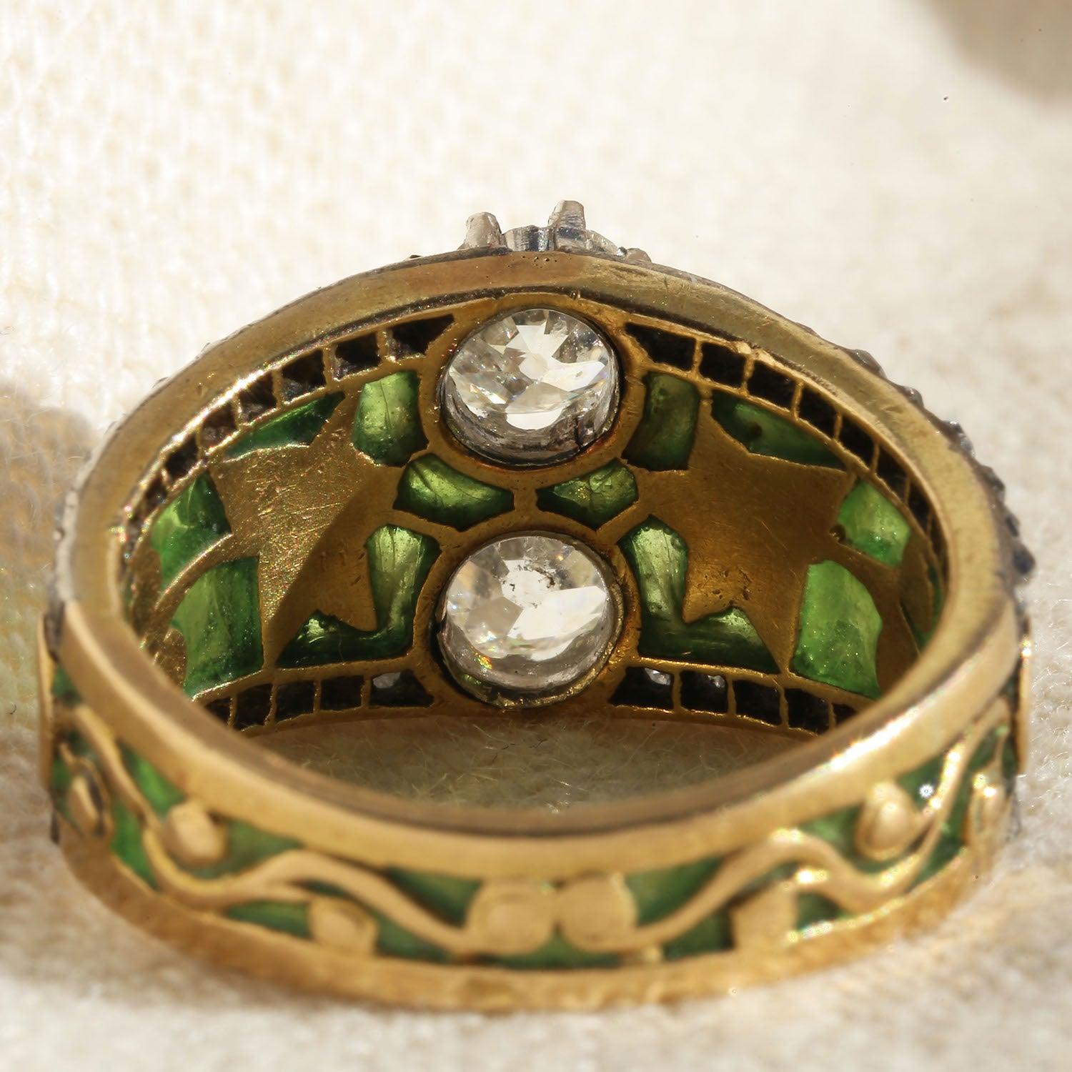Art Nouveau Plique à Jour Enamel Diamond Ring Size M (52) For Sale 4