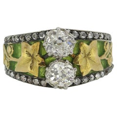 Art Nouveau Plique à Jour Enamel Diamond Ring Size M (52)