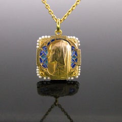 Art Nouveau Plique a Jour Enamel Pearl Yellow Gold Medal Pendant