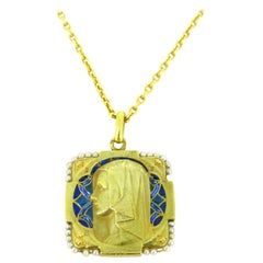 Art Nouveau Plique a Jour Enamel Pearl Yellow Gold Medal Pendant