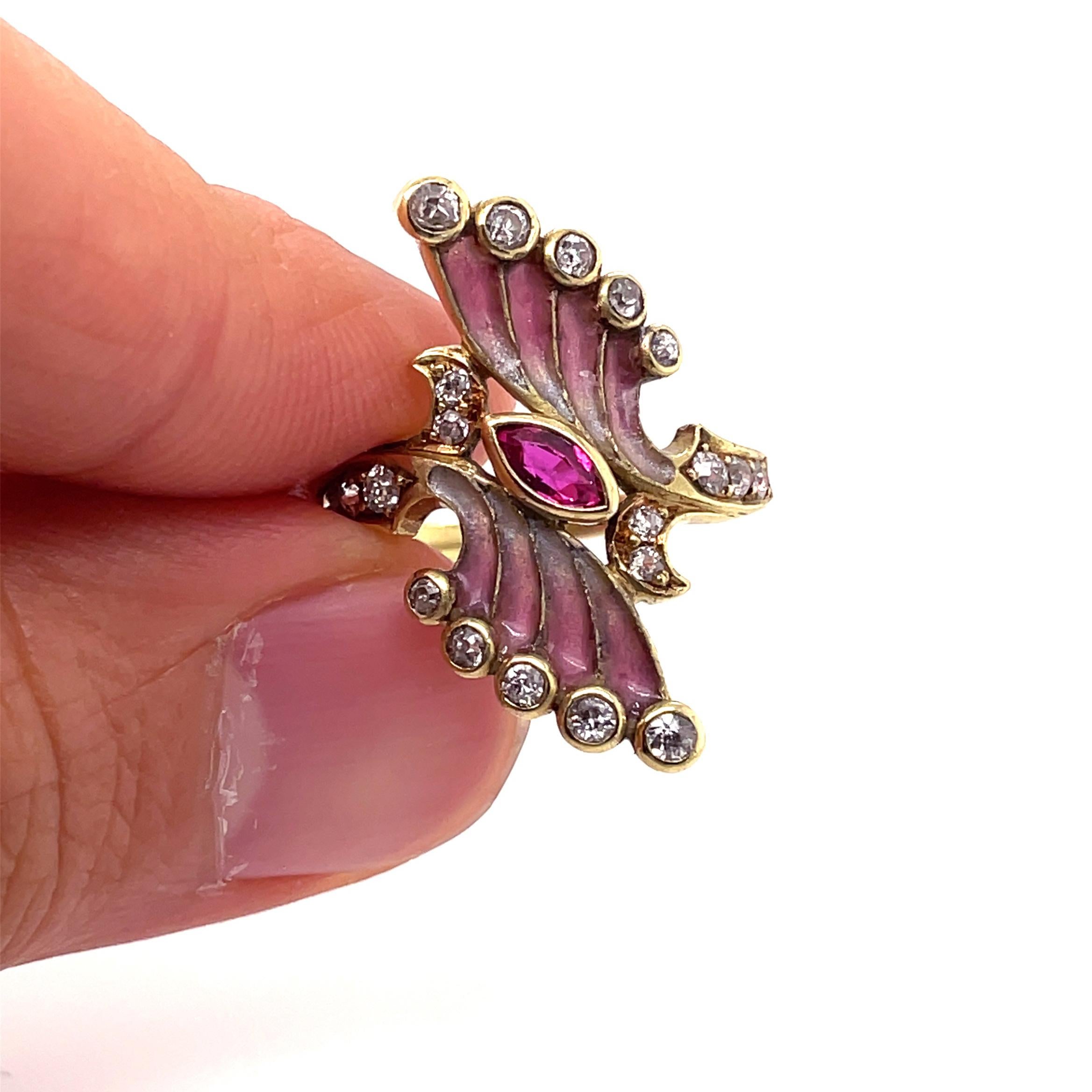 Art Nouveau Plique a Jour Enamel Ruby and Diamond Ring, ca. 1900s 3