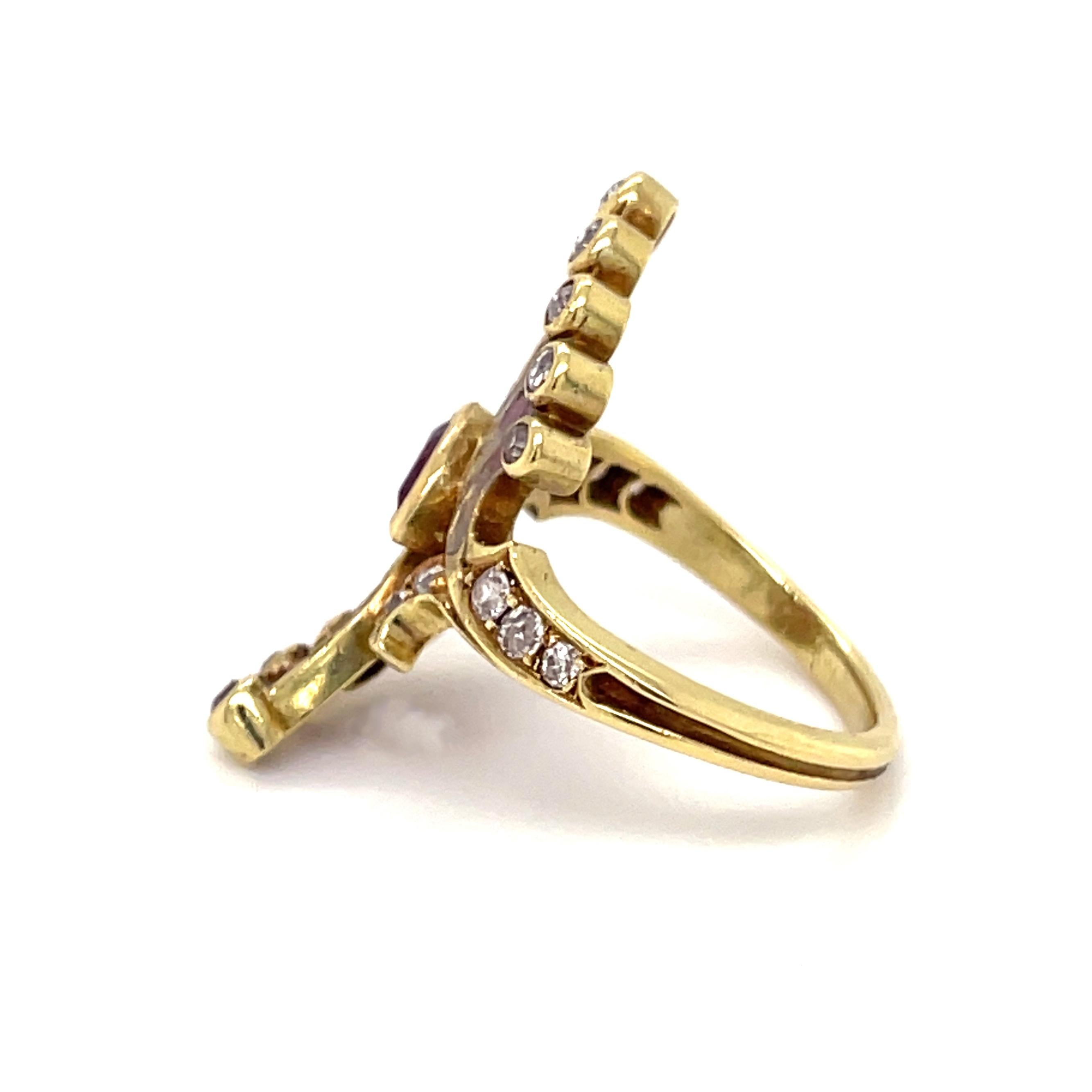 Women's or Men's Art Nouveau Plique a Jour Enamel Ruby and Diamond Ring, ca. 1900s