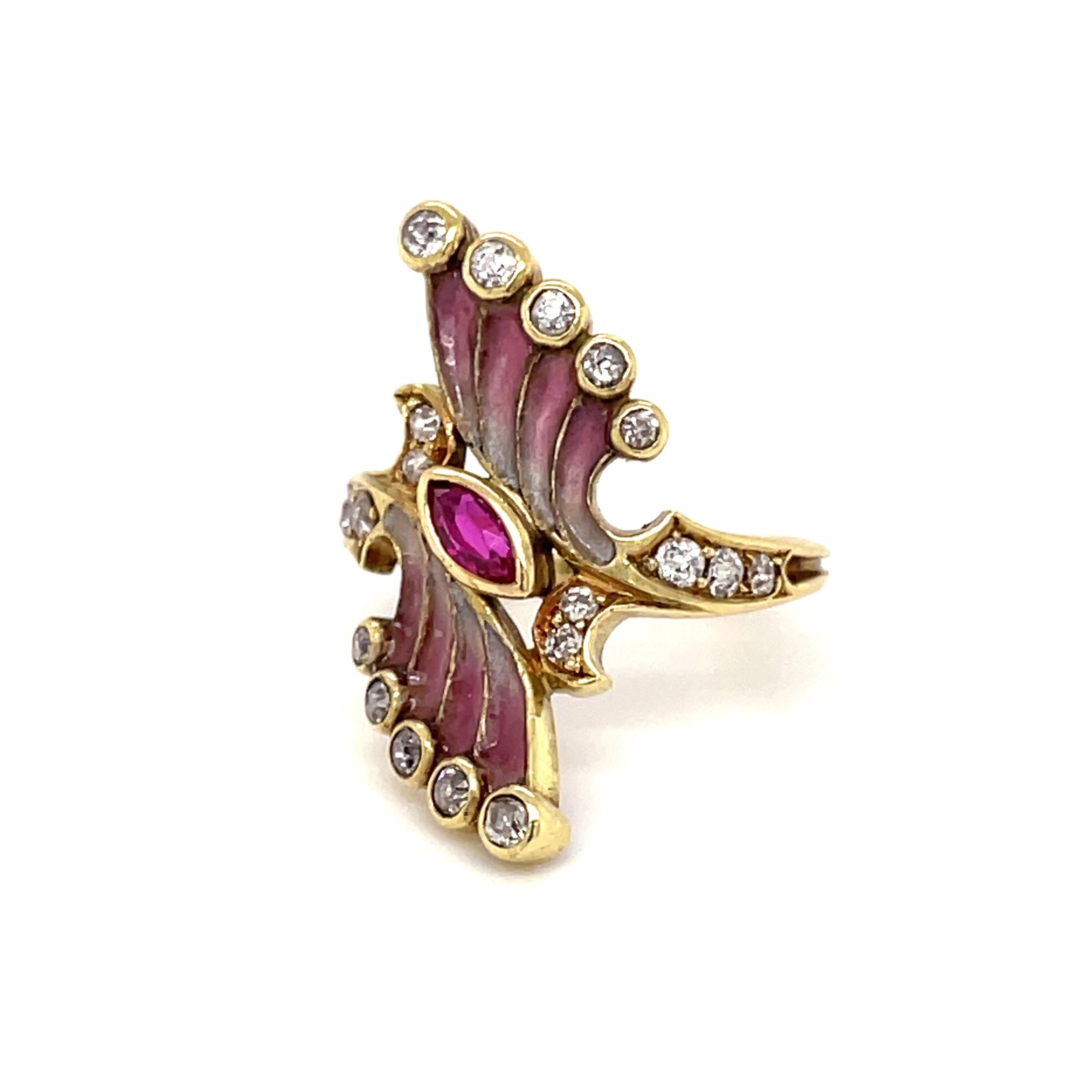 Art Nouveau Plique a Jour Enamel Ruby and Diamond Ring, ca. 1900s For Sale 1