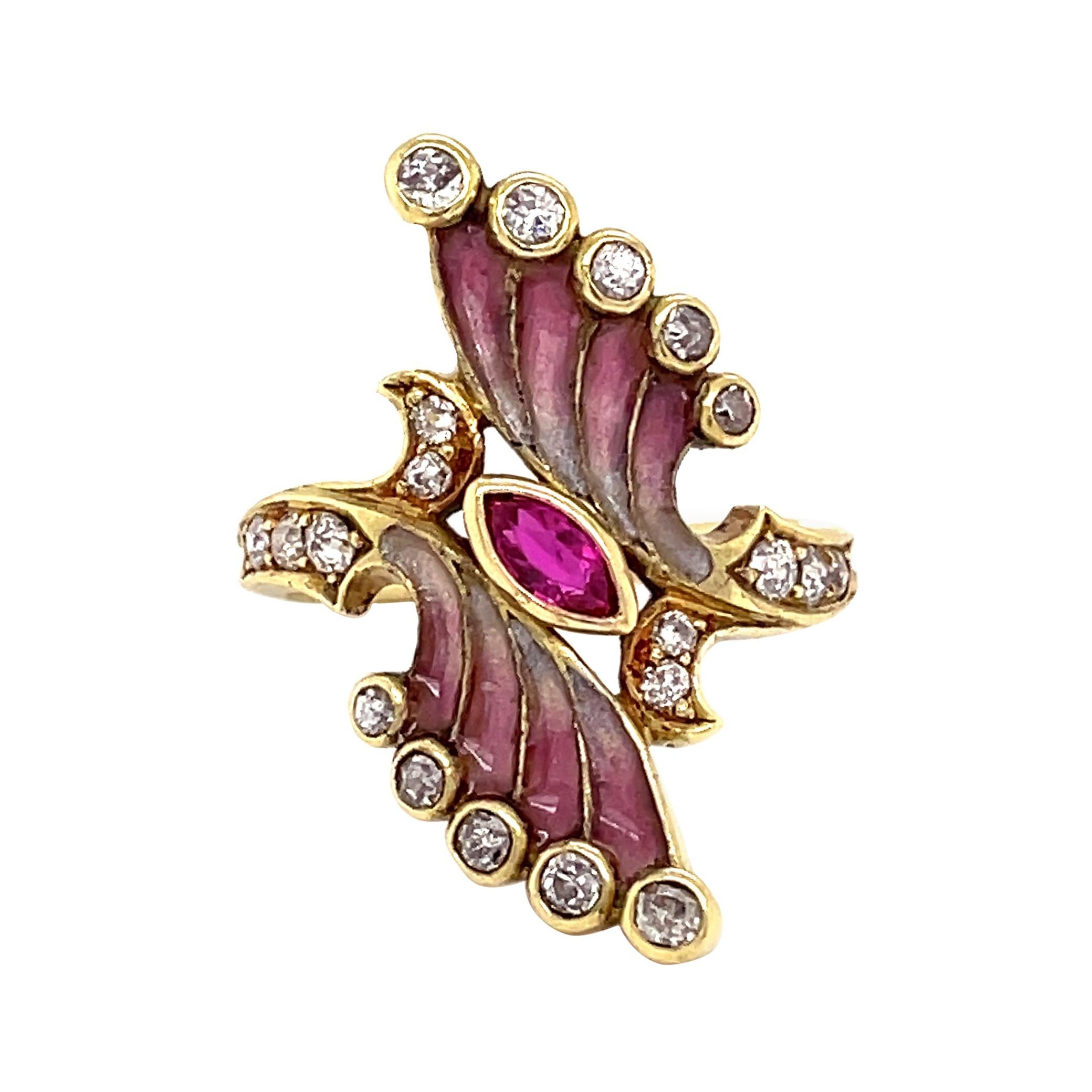 Art Nouveau Plique a Jour Enamel Ruby and Diamond Ring, ca. 1900s