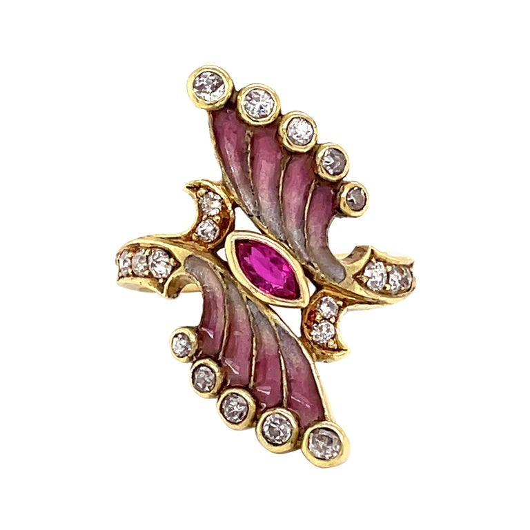 Art Nouveau Plique a Jour Enamel Ruby and Diamond Ring, ca. 1900s For