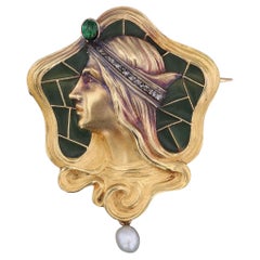 Antique Art Nouveau Plique a Jour Enamel Woman Brooch of 14k Gold