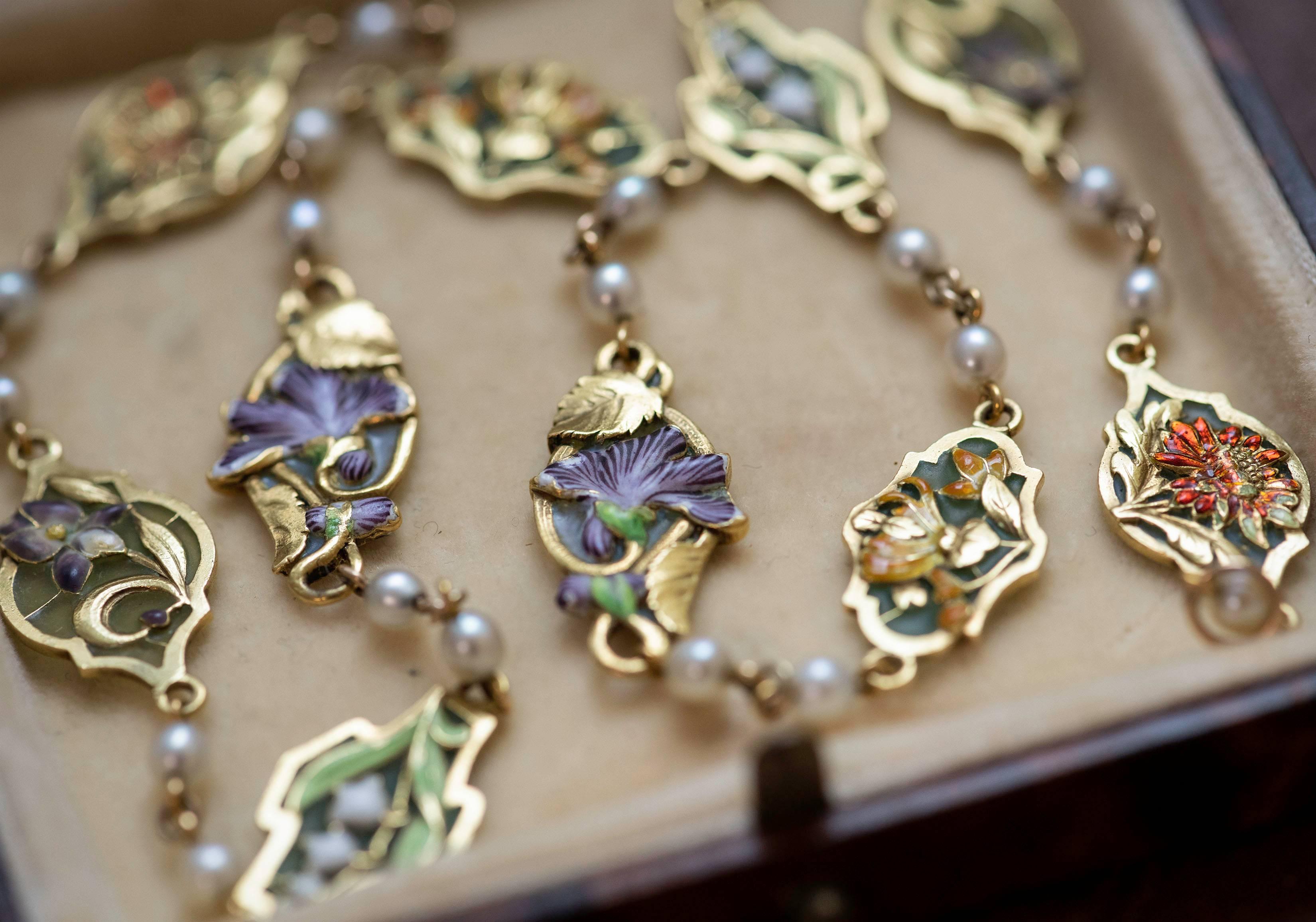 This elegant necklace shows three different types of flowers which my knowledge of horticulture is not up to identifying. They are however very pretty flowers, arranged in such a way as to show the flowing Art Nouveau shapes. Each segment is framed