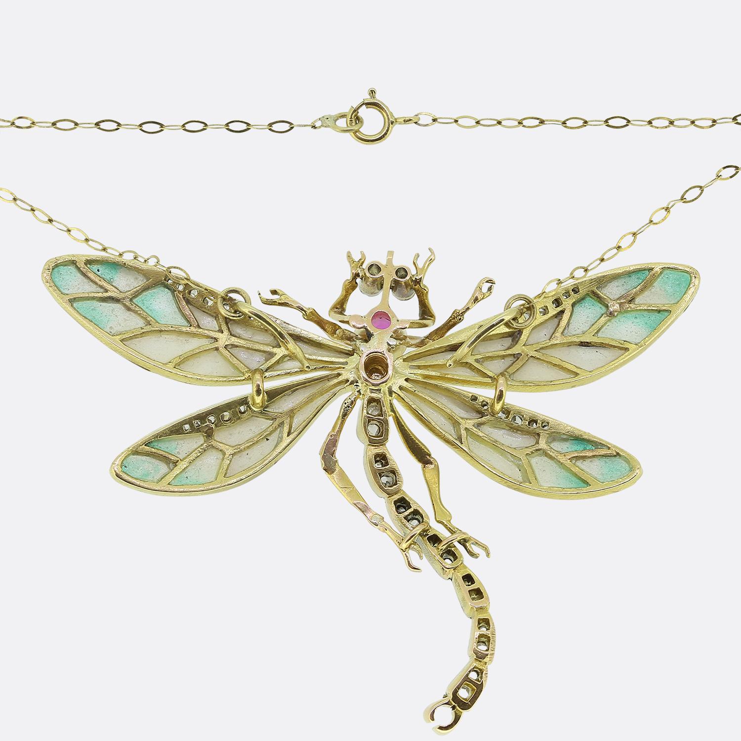 Round Cut Art Nouveau Plique-A-Jour Pink Sapphire Pearl and Diamond Dragonfly Necklace For Sale