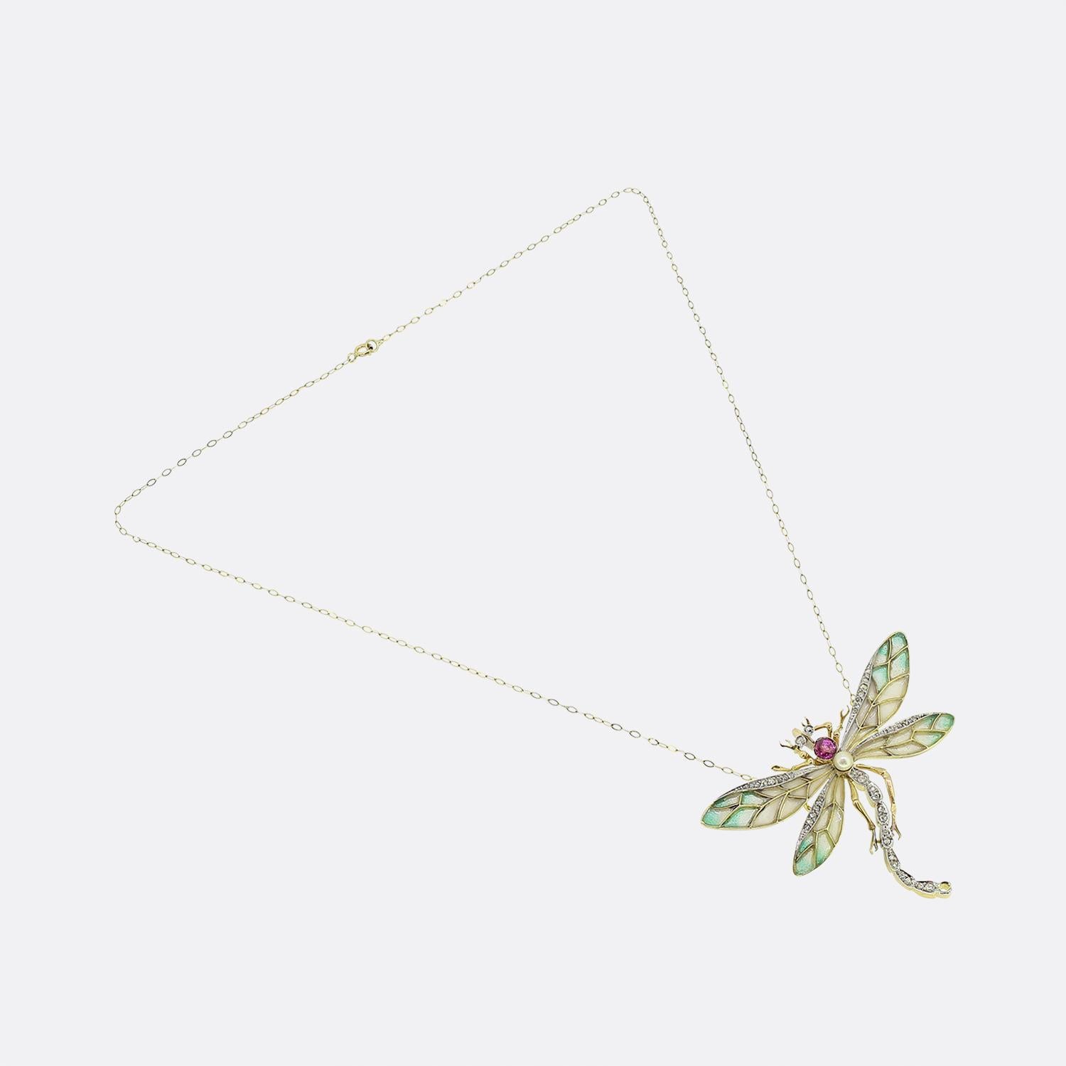 Art Nouveau Plique-A-Jour Pink Sapphire Pearl and Diamond Dragonfly Necklace In Good Condition For Sale In London, GB