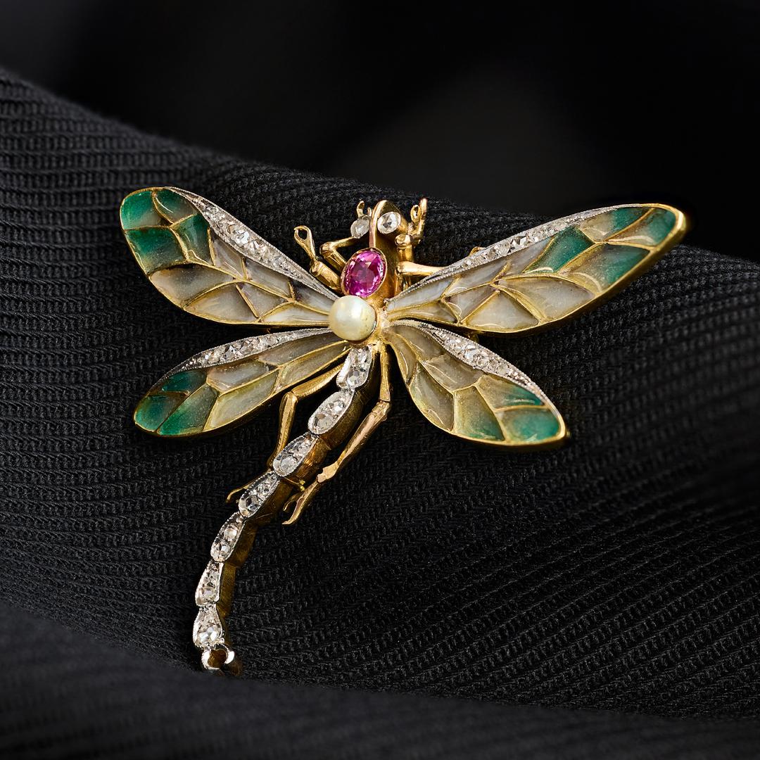 da uomo o donna Collana libellula in stile Art Nouveau Plique-A-Jour con perle zaffiri rosa e diamanti in vendita