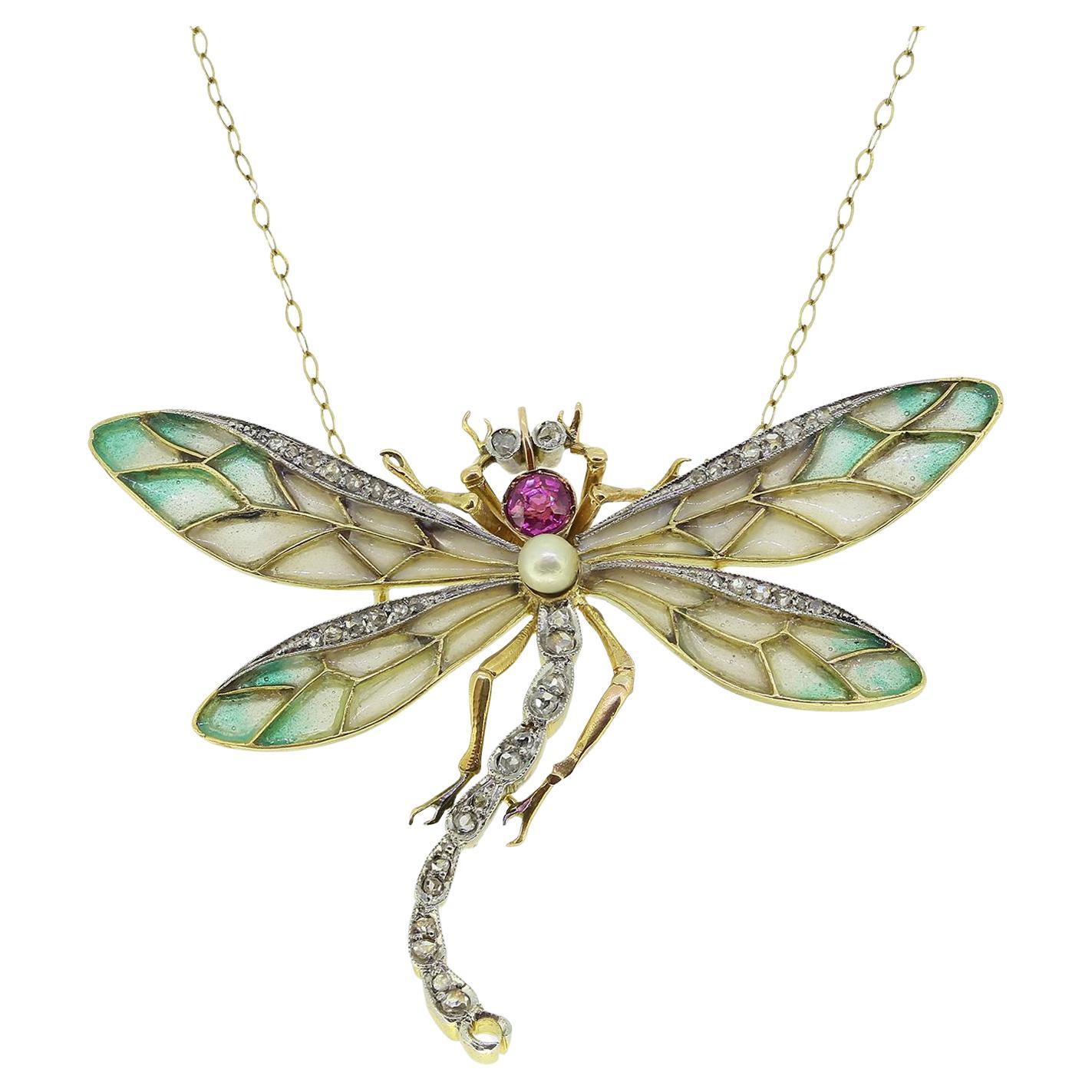 Collana libellula in stile Art Nouveau Plique-A-Jour con perle zaffiri rosa e diamanti