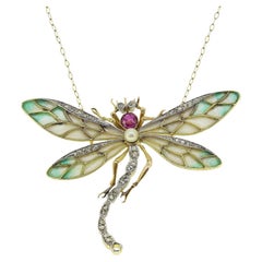 Art Nouveau Plique-A-Jour Pink Sapphire Pearl and Diamond Dragonfly Necklace