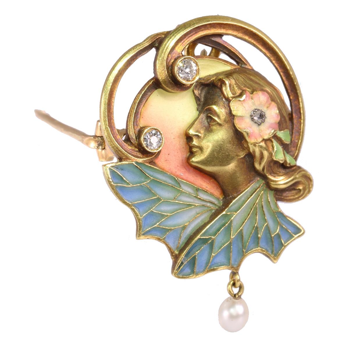 Women's or Men's Art Nouveau Plique Ajour Enamel Old Mine Diamond Pearl Lady Wings Pendant Brooch For Sale