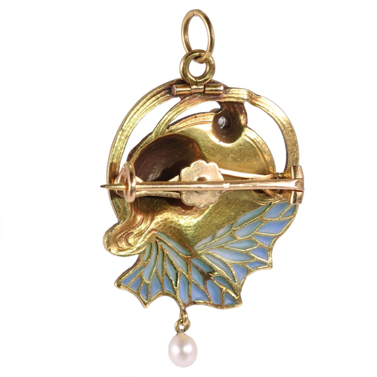 Art Nouveau Plique Ajour Enamel Old Mine Diamond Pearl Lady Wings Pendant Brooch For Sale 1