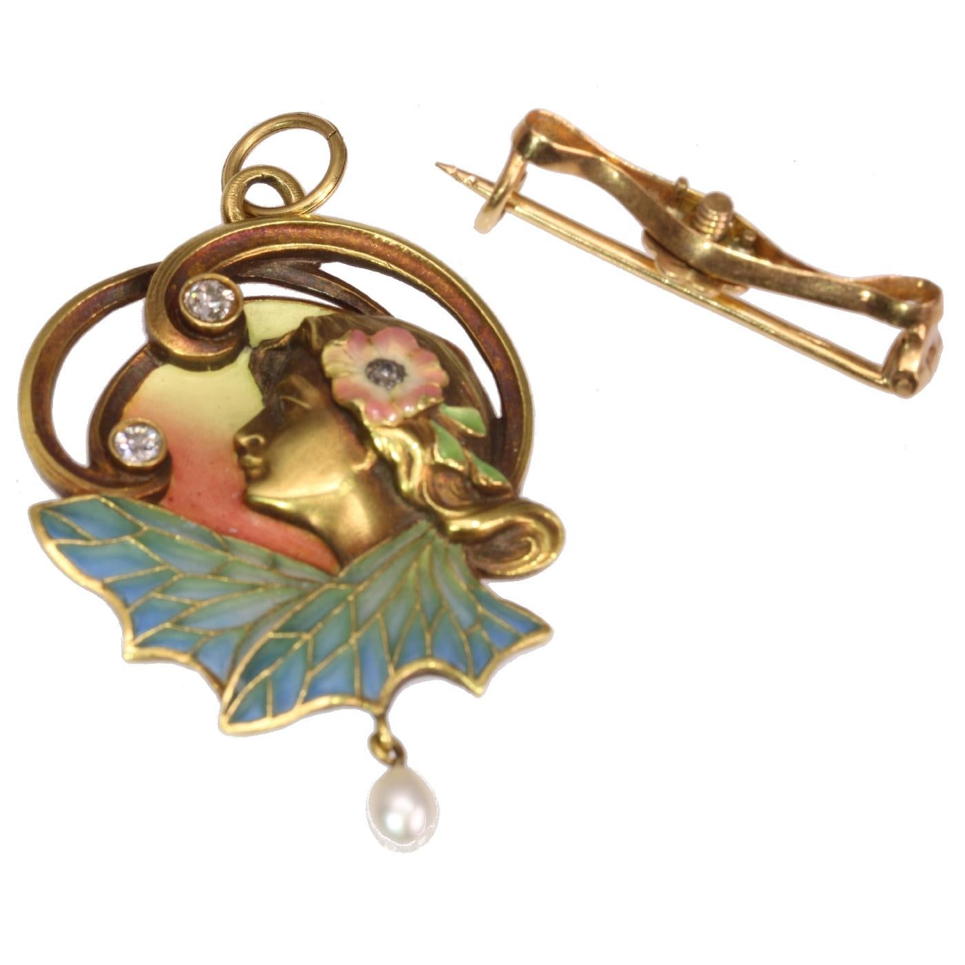 Art Nouveau Plique Ajour Enamel Old Mine Diamond Pearl Lady Wings Pendant Brooch For Sale 3