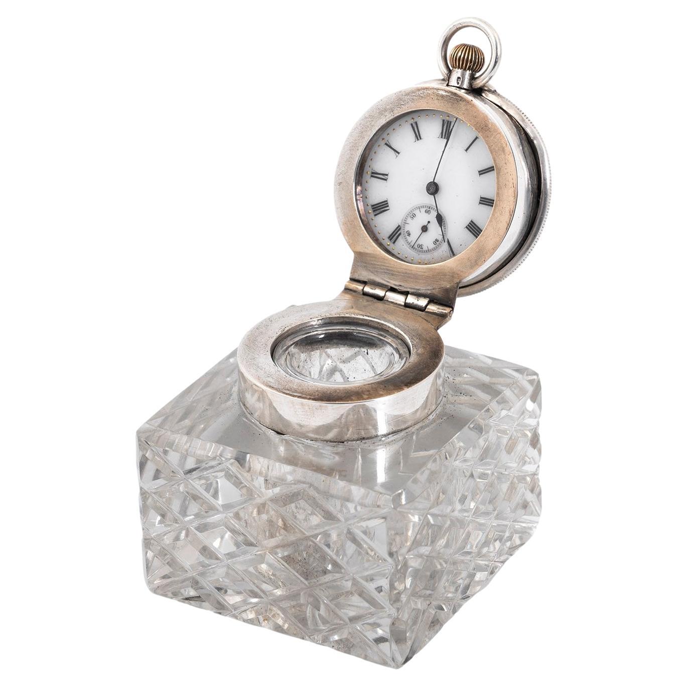 Art Nouveau Pocket Watch Desk Inkwell For Sale