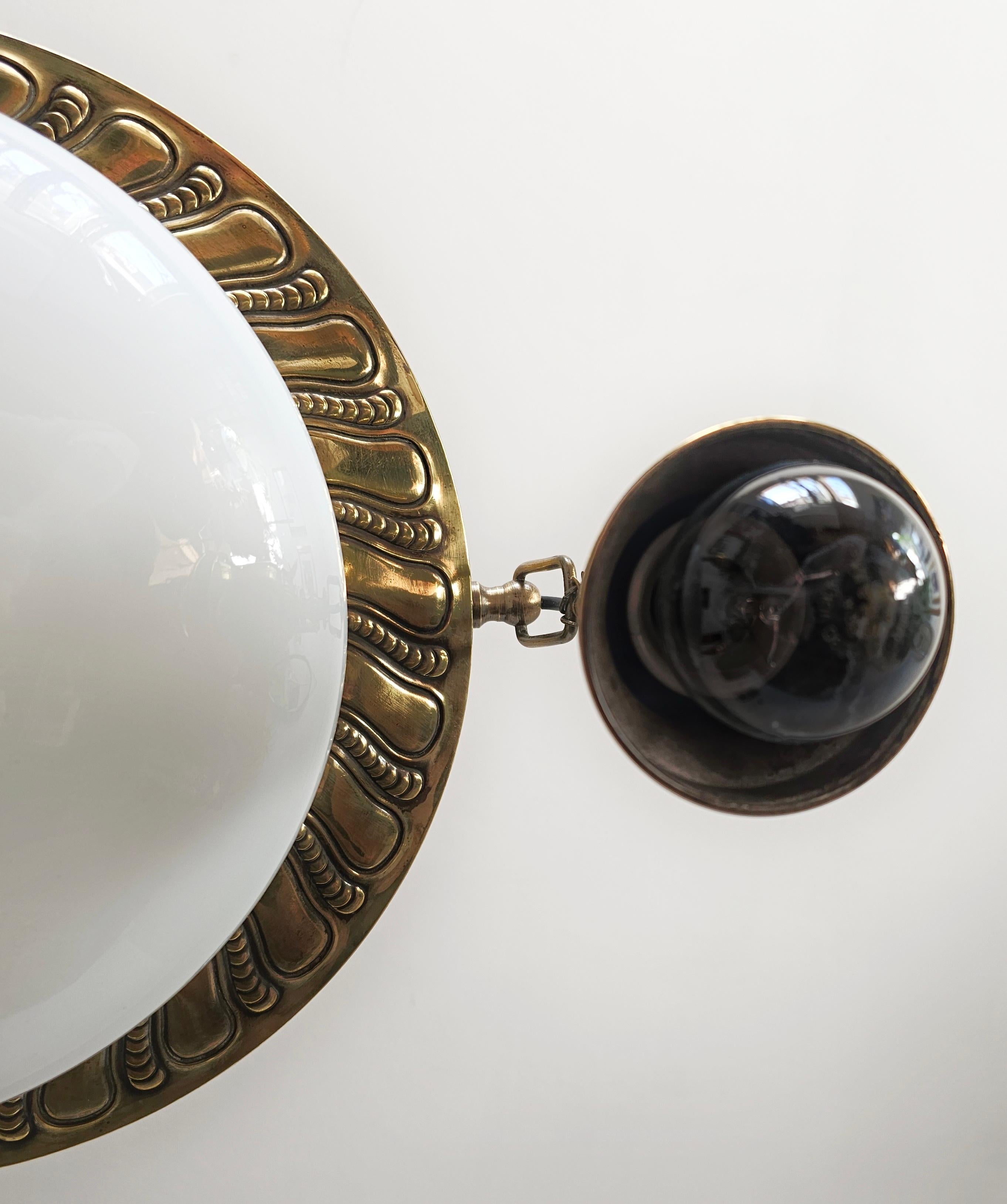 Art Nouveau Polished Brass Chandelier with Opaline glass dome, Austria 1910s For Sale 5
