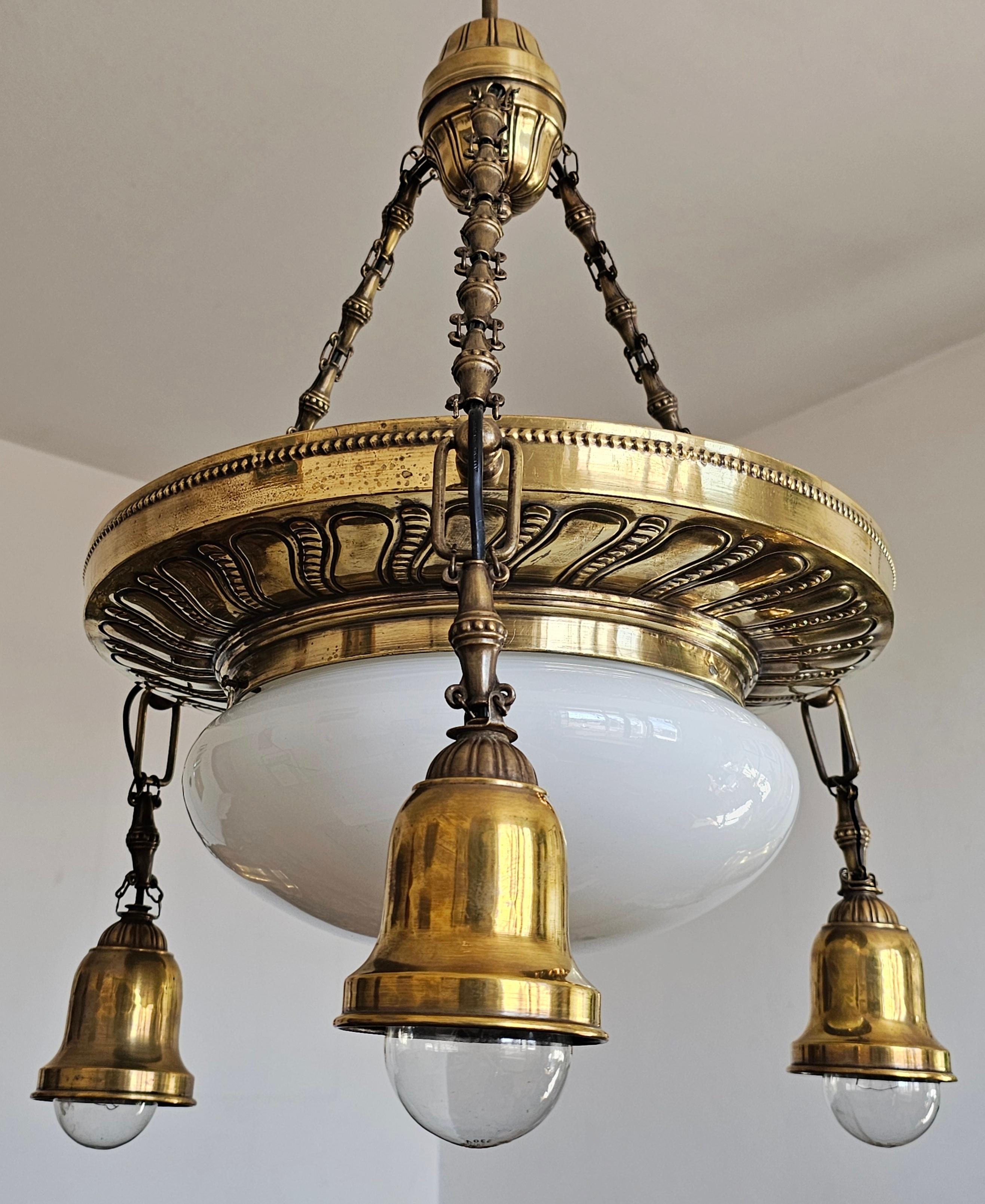 Vienna Secession Art Nouveau Polished Brass Chandelier with Opaline glass dome, Austria 1910s For Sale
