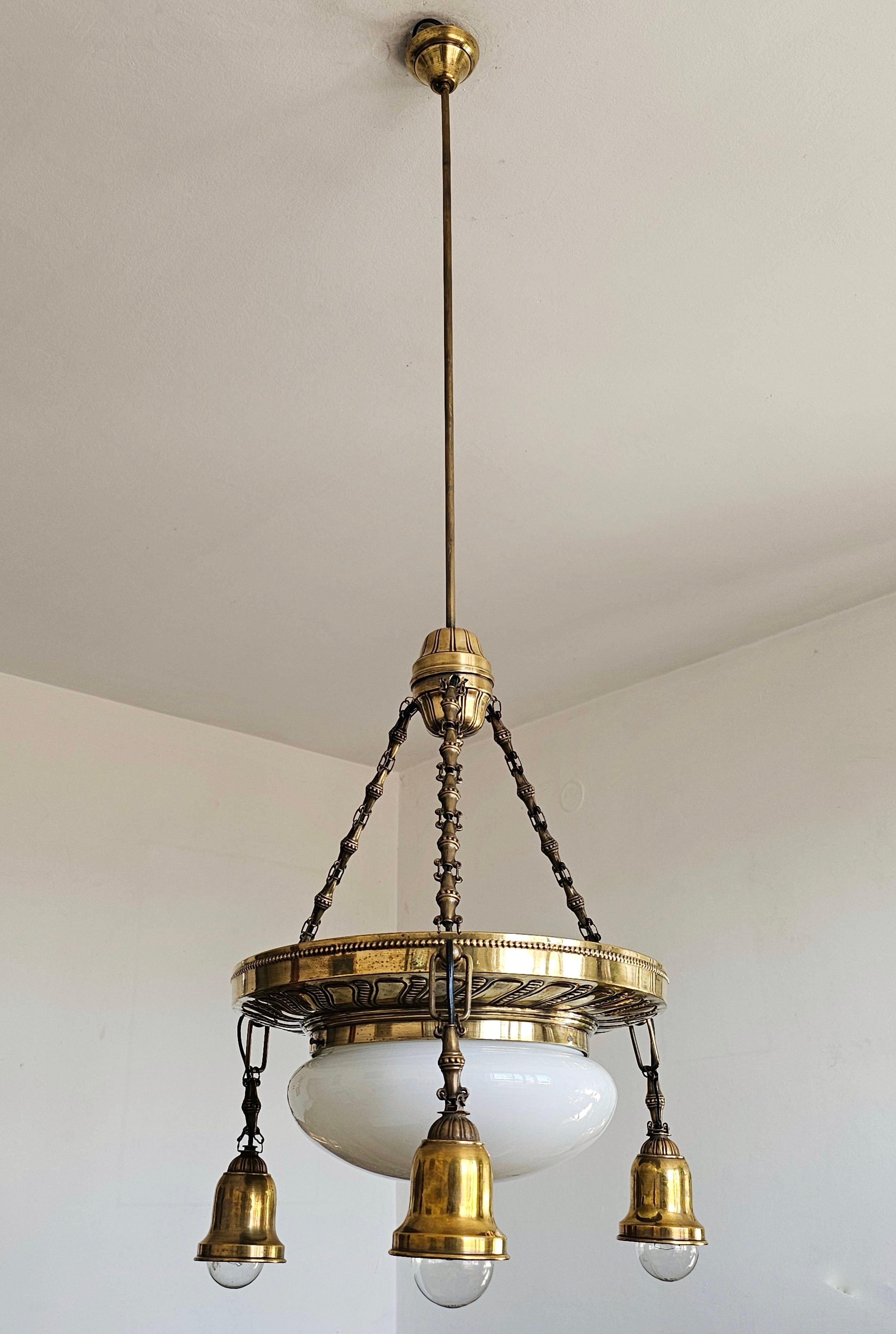 Austrian Art Nouveau Polished Brass Chandelier with Opaline glass dome, Austria 1910s For Sale
