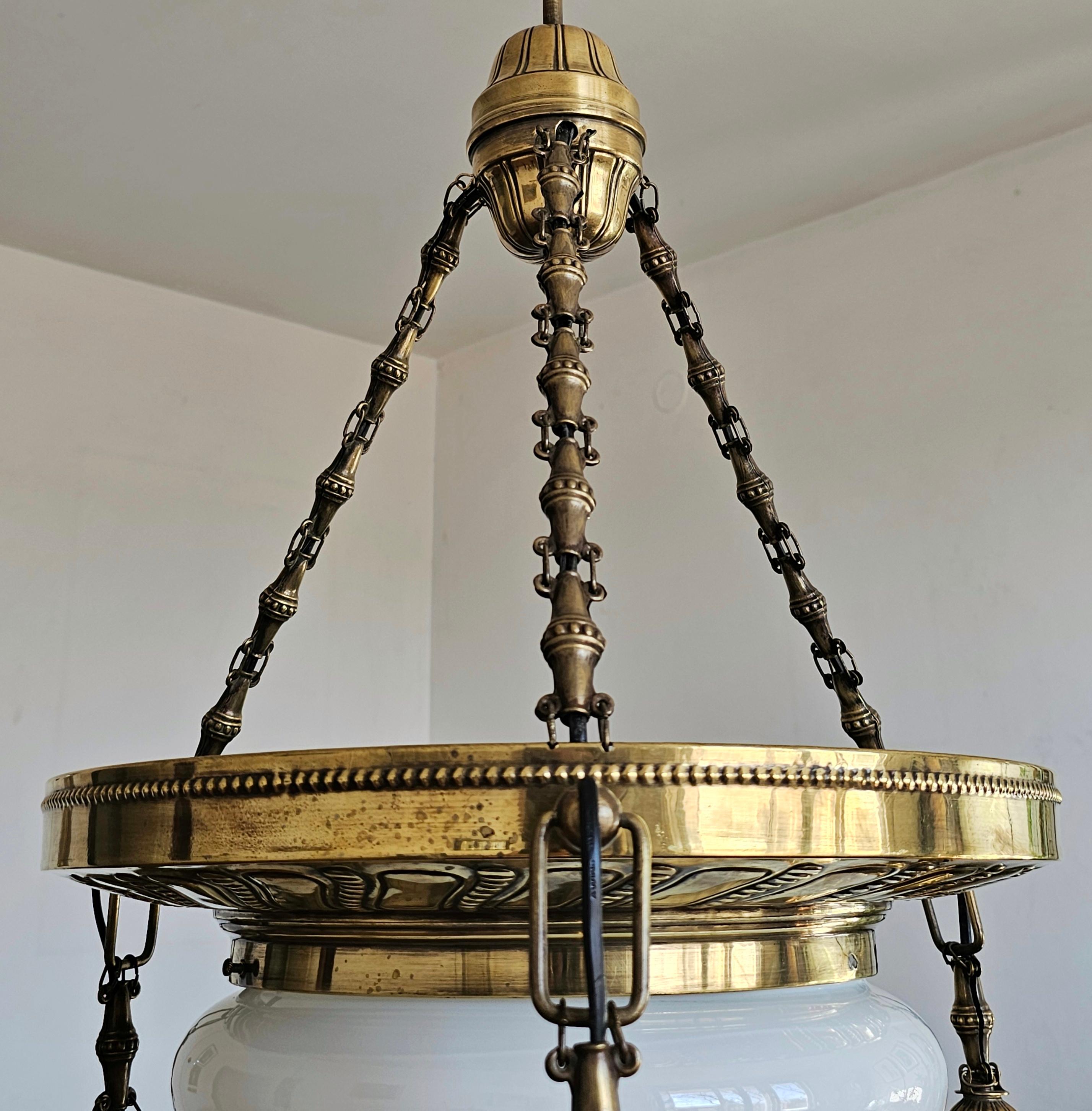 Art Nouveau Polished Brass Chandelier with Opaline glass dome, Austria 1910s For Sale 2