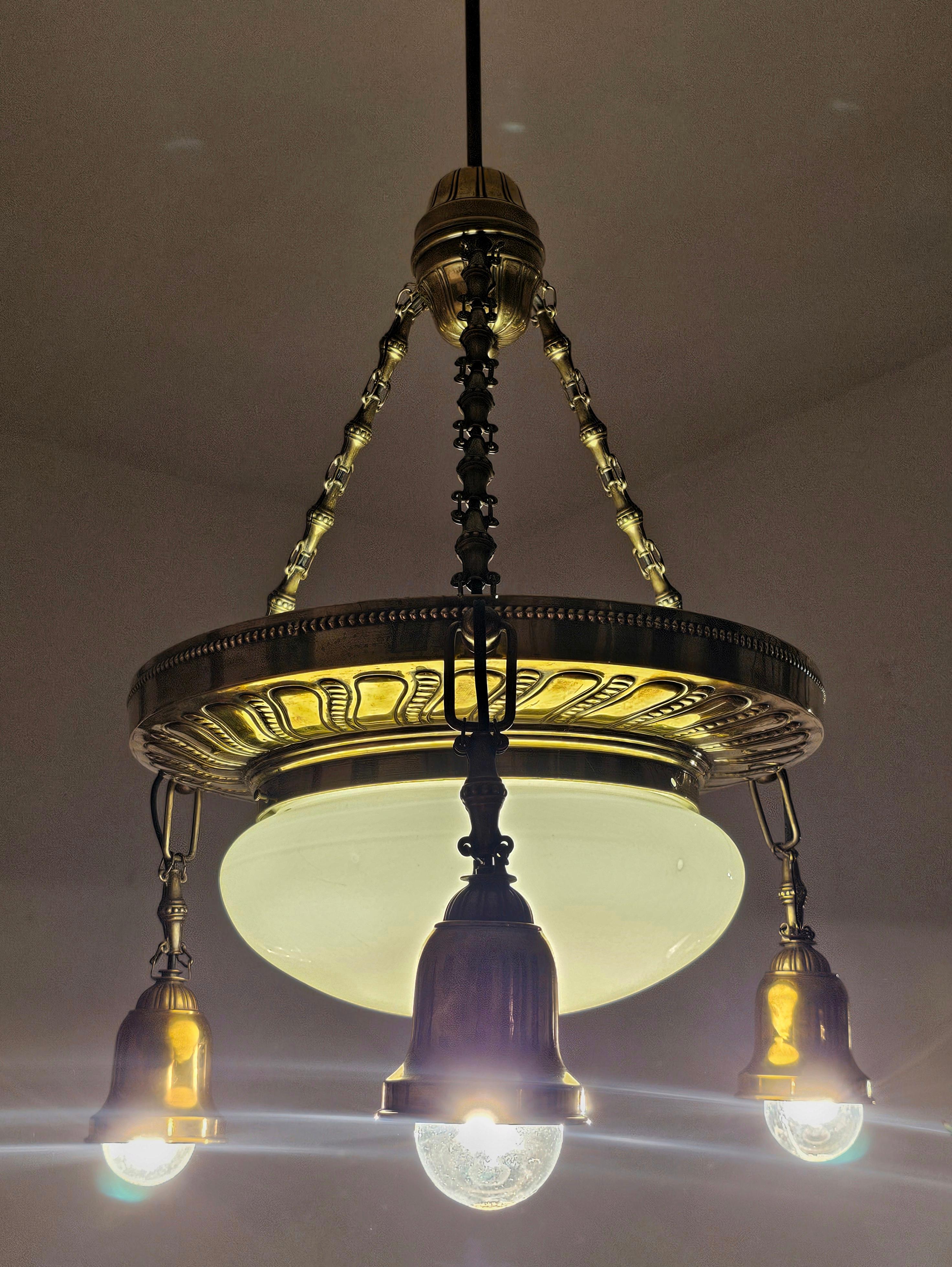 Art Nouveau Polished Brass Chandelier with Opaline glass dome, Austria 1910s For Sale 3