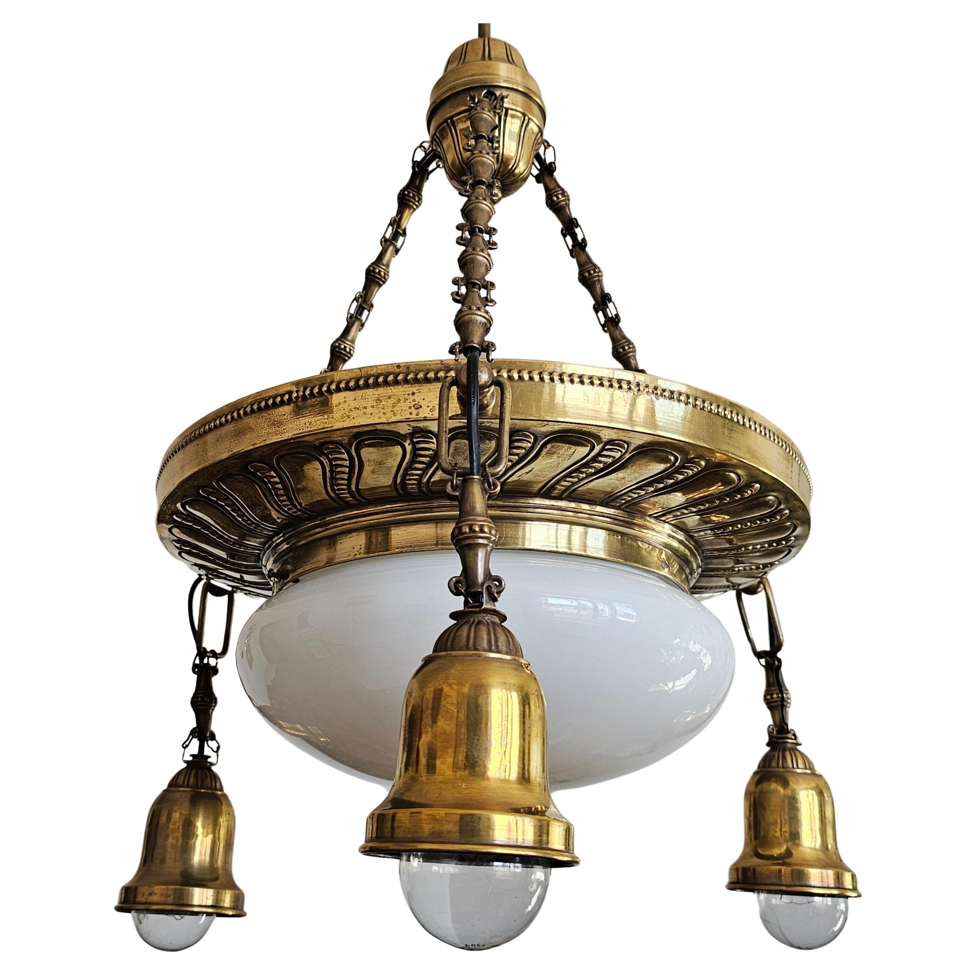 Art Nouveau Polished Brass Chandelier with Opaline glass dome, Austria 1910s For Sale