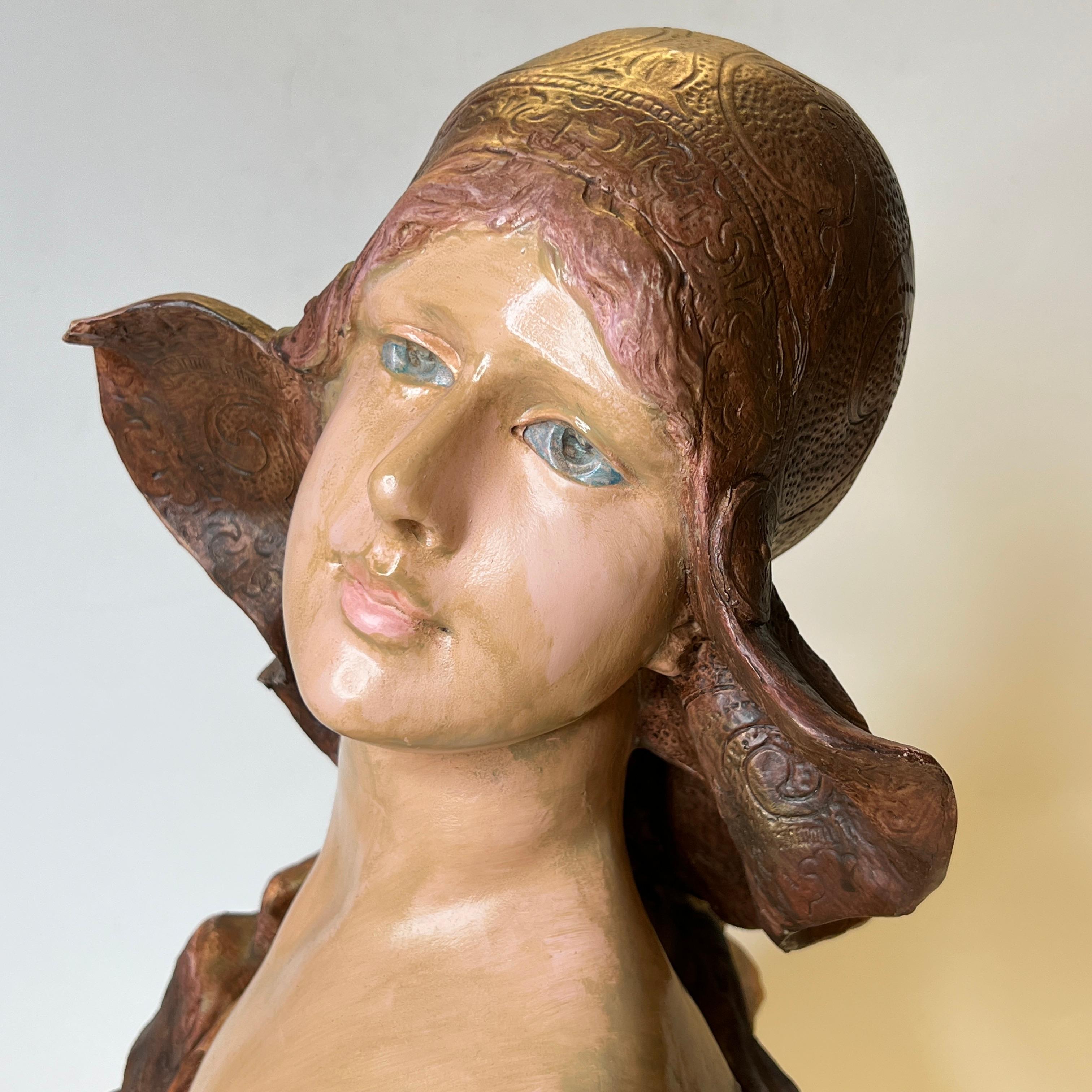 Art Nouveau Polychrome Terracotta Female Bust Signed Nelson For Sale 10