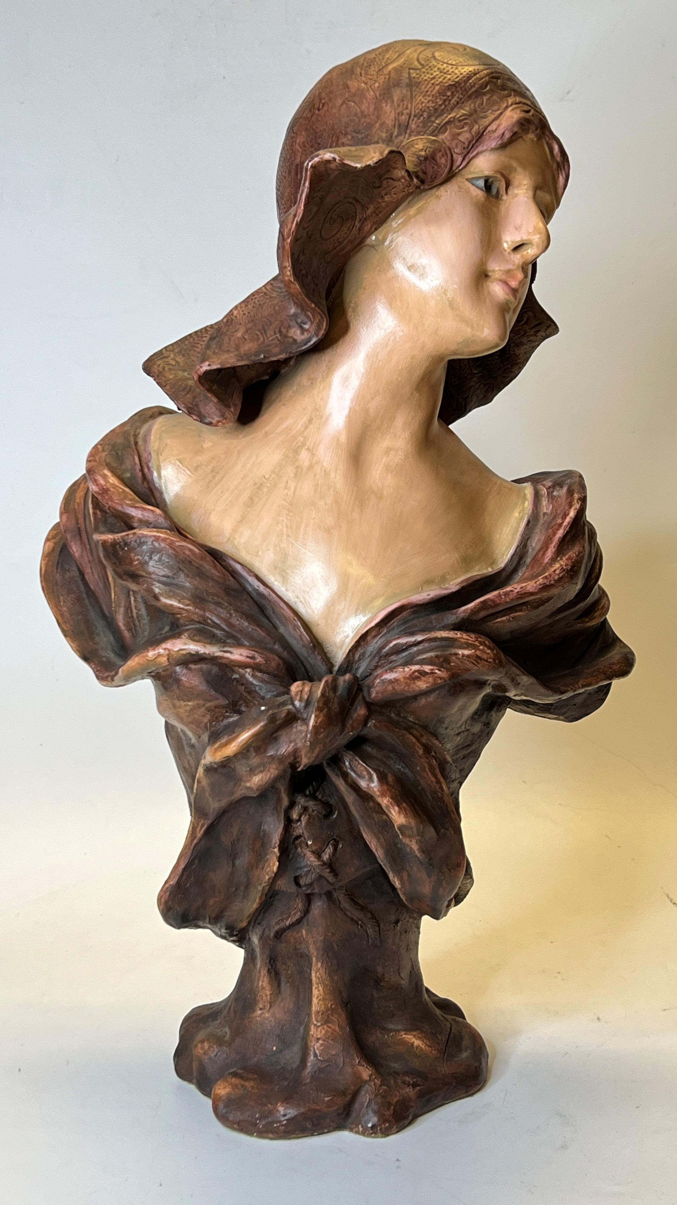 Art Nouveau Polychrome Terracotta Female Bust Signed Nelson.