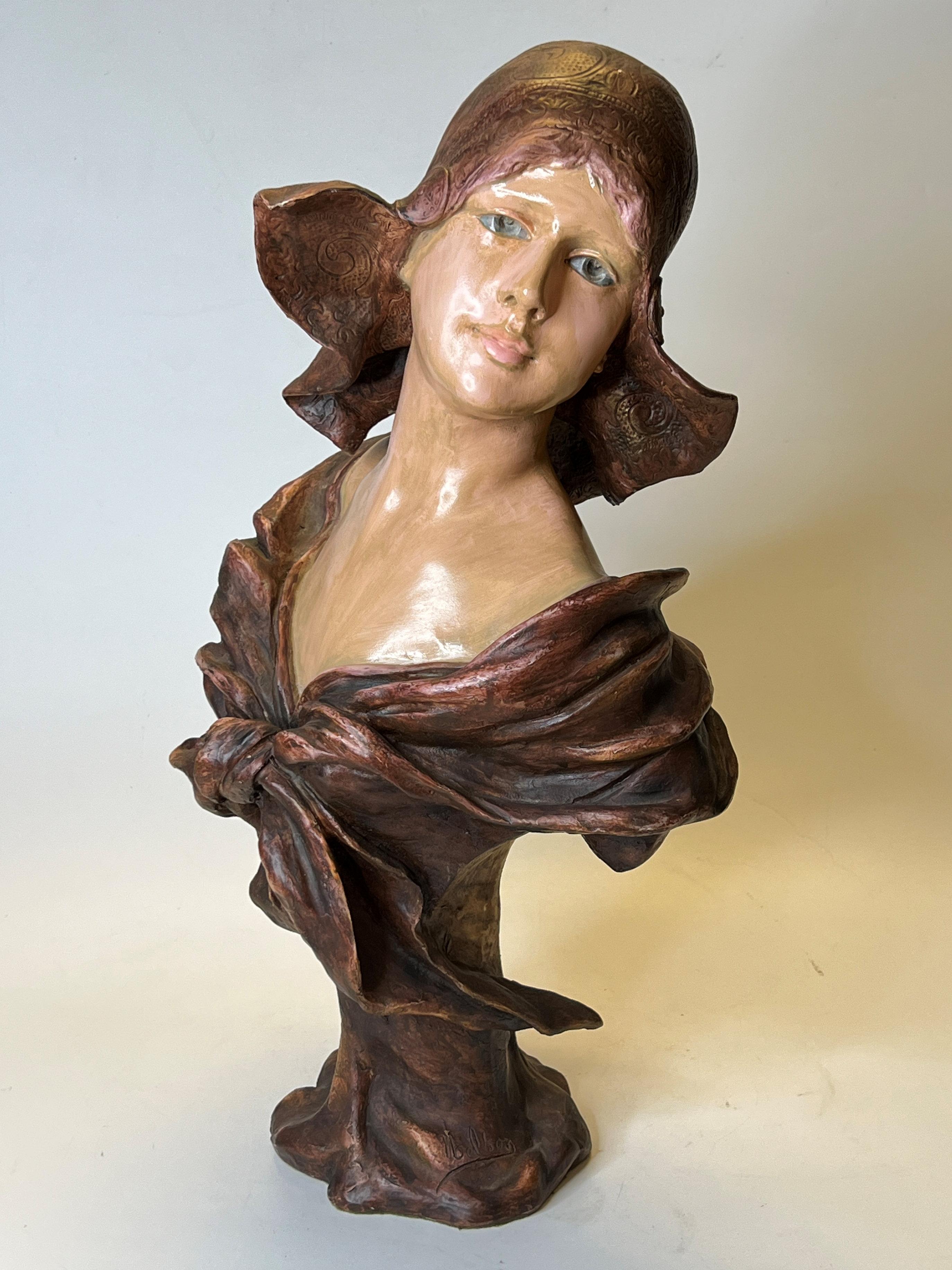 Art Nouveau Polychrome Terracotta Female Bust Signed Nelson In Good Condition For Sale In New York, NY