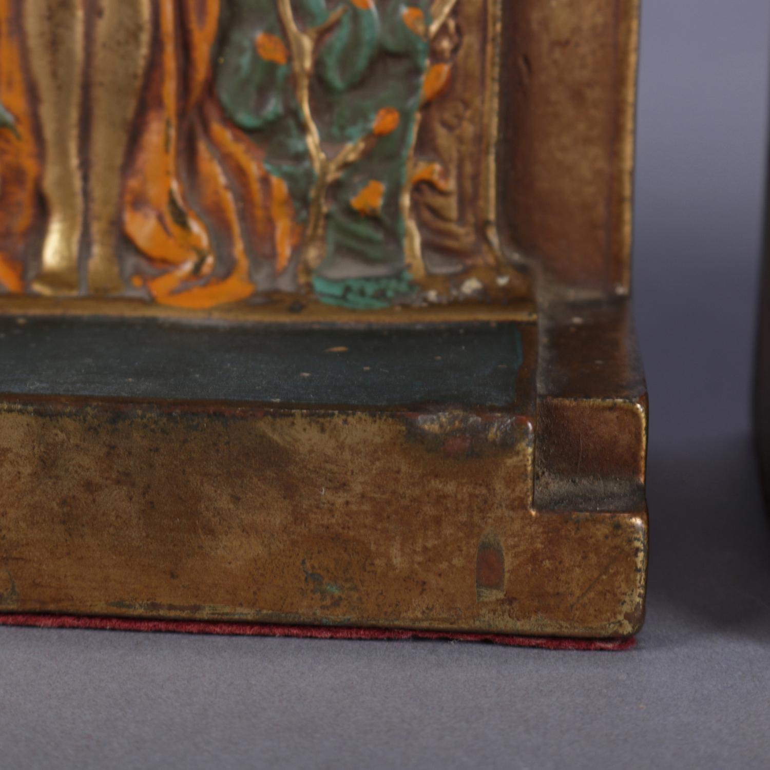 Art Nouveau Polychromed Bronzed Bookends Stylized After Klimt's 