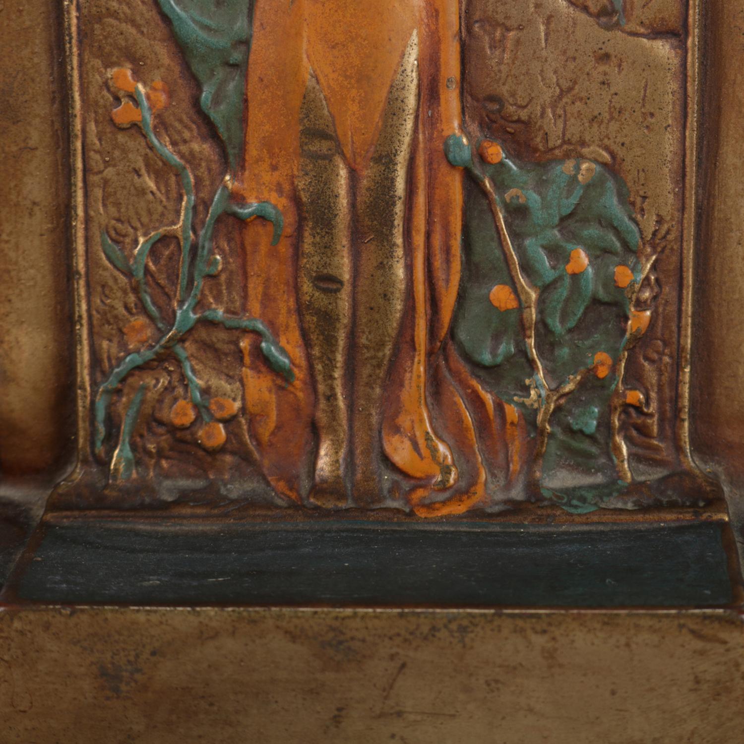 American Art Nouveau Polychromed Bronzed Bookends Stylized After Klimt's 