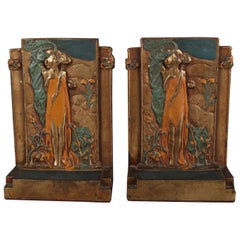 Art Nouveau Polychromed Bronzed Bookends Stylized After Klimt's "The Kiss"