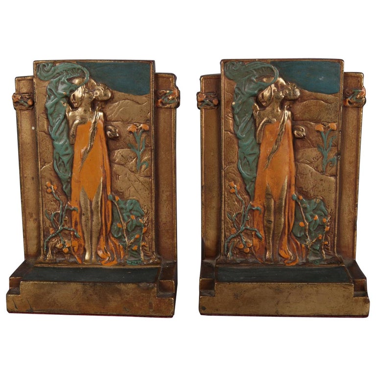 Art Nouveau Polychromed Bronzed Bookends Stylized After Klimt's "The